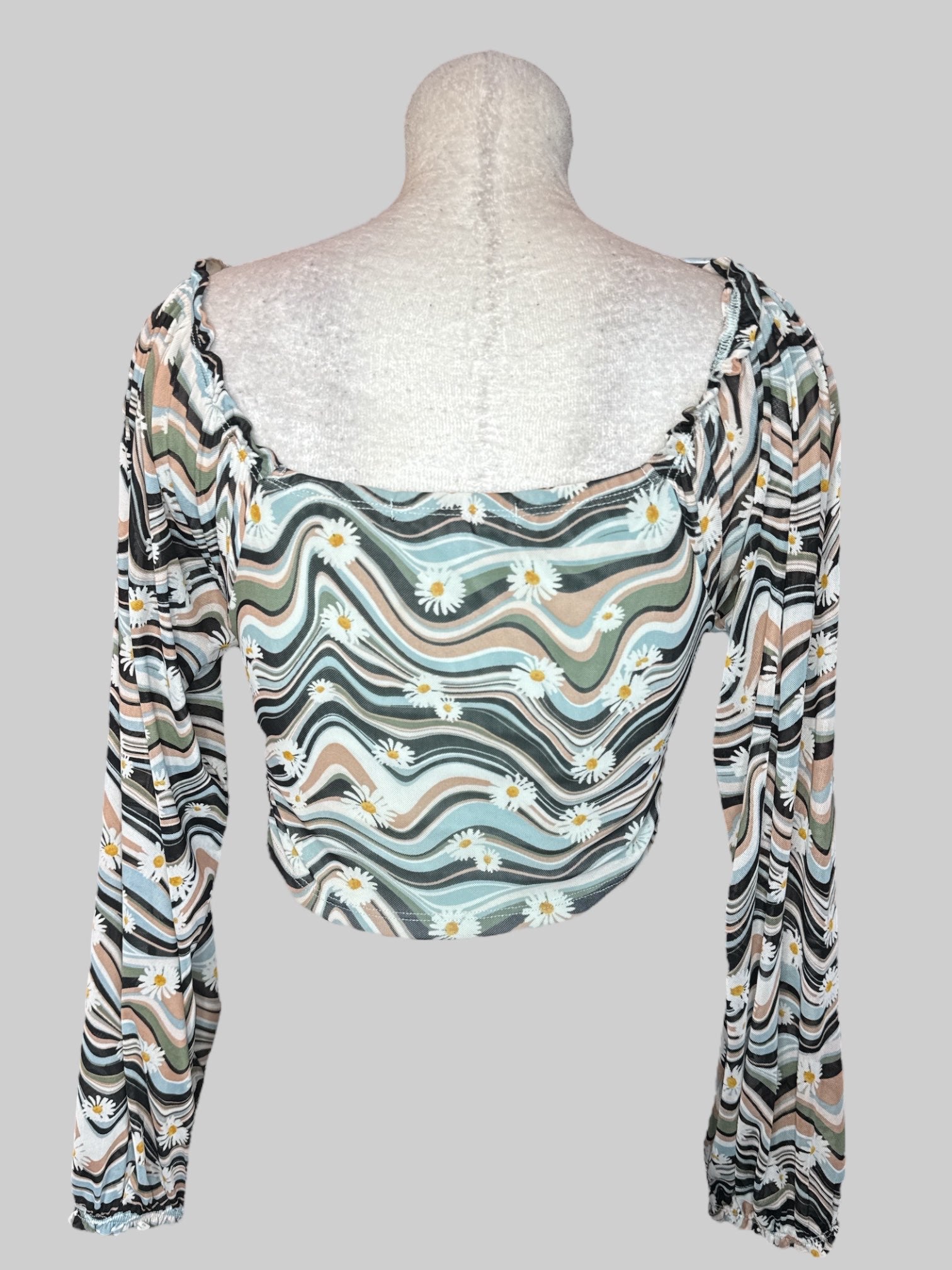 M NWT Multicolor long sleeve top with sheer sleeves, underwire in chest, and ruching  in the front