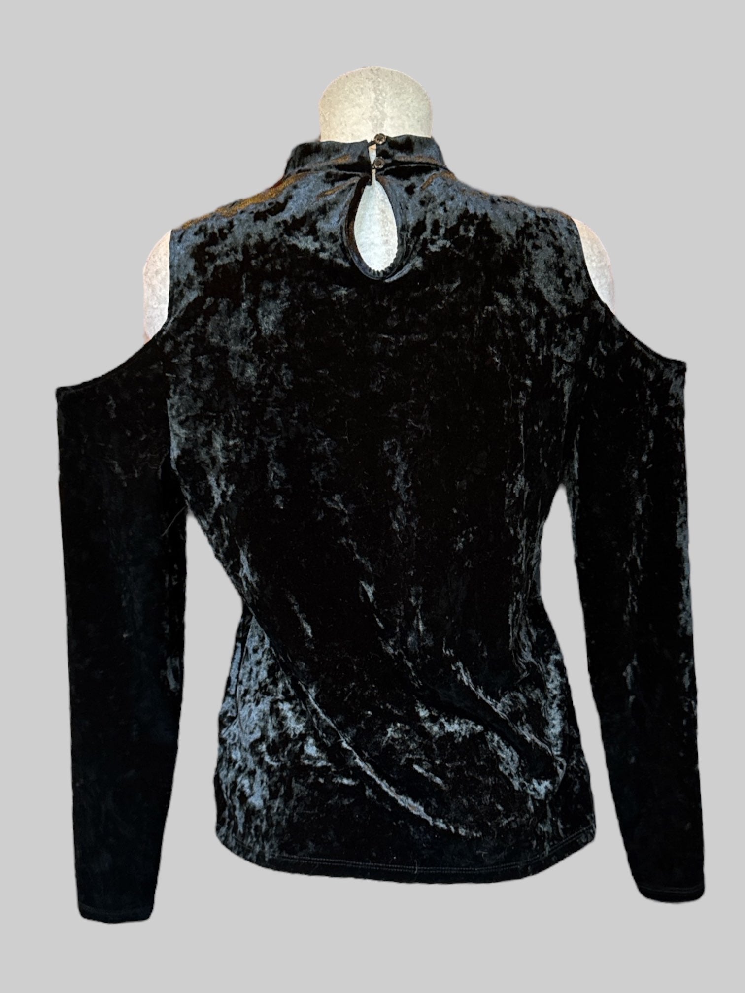 L Black crushed velvet long sleeve top with cold shoulders and keyhole back