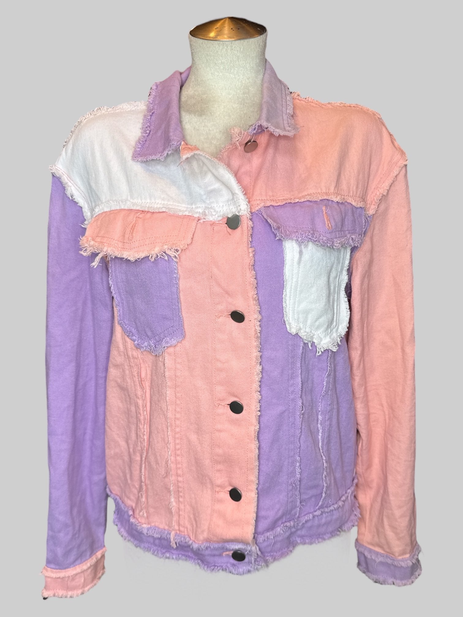 L Pink purple and white color block jacket with frayed edges