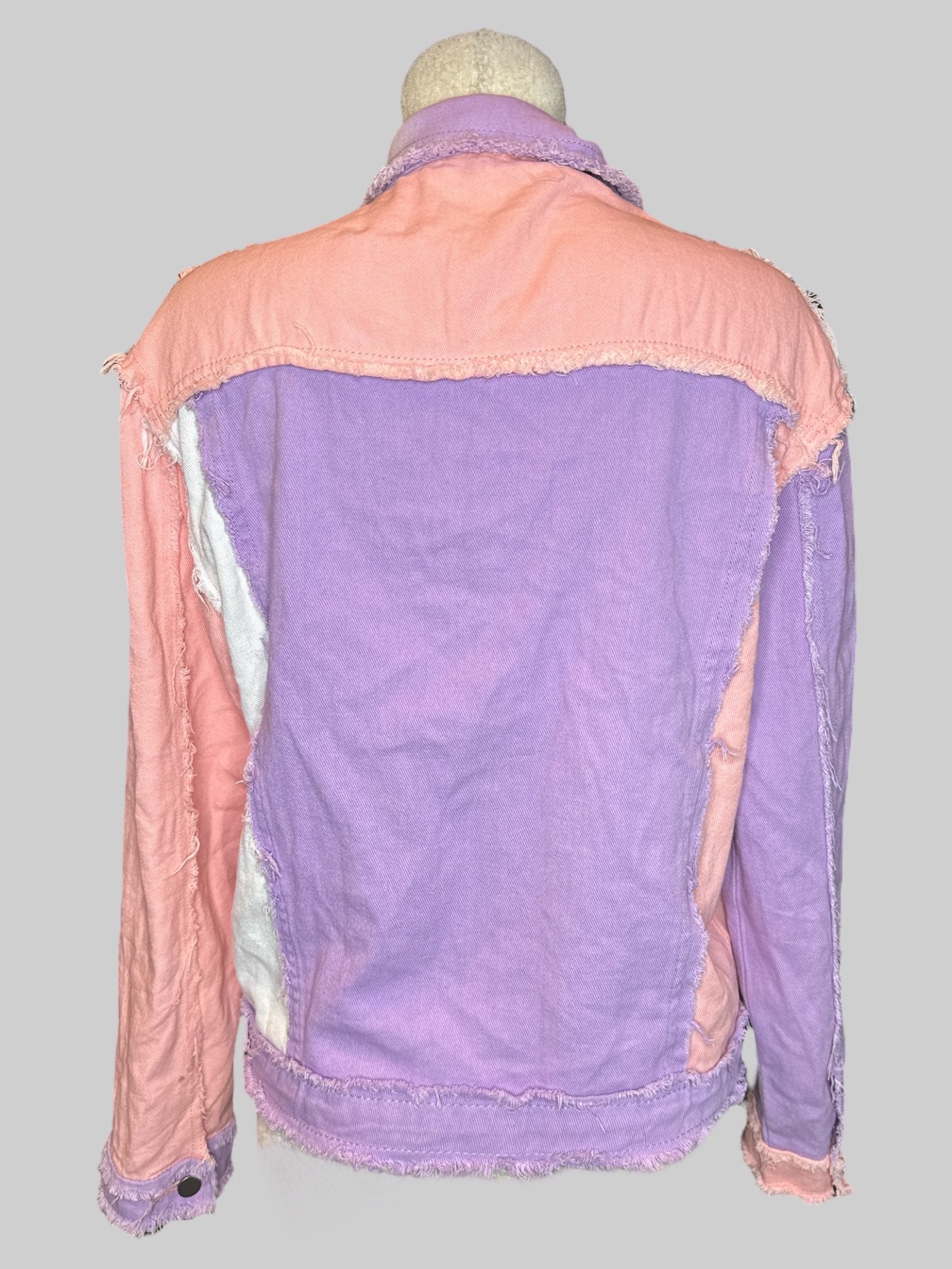 L Pink purple and white color block jacket with frayed edges