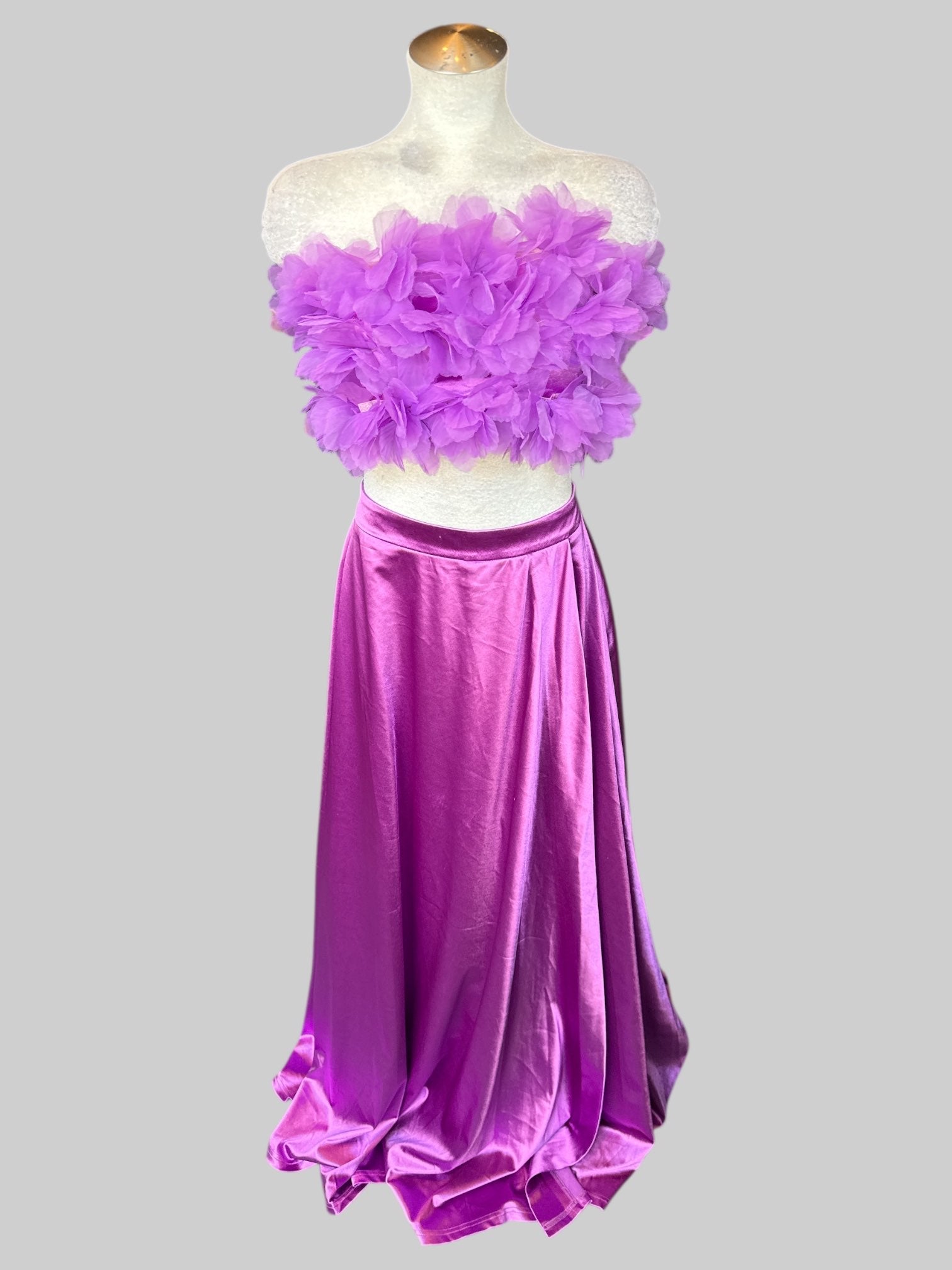 S Purple satin-like strapless dress with tulle floral design on chest, mid-drift cut out, and zipper on back