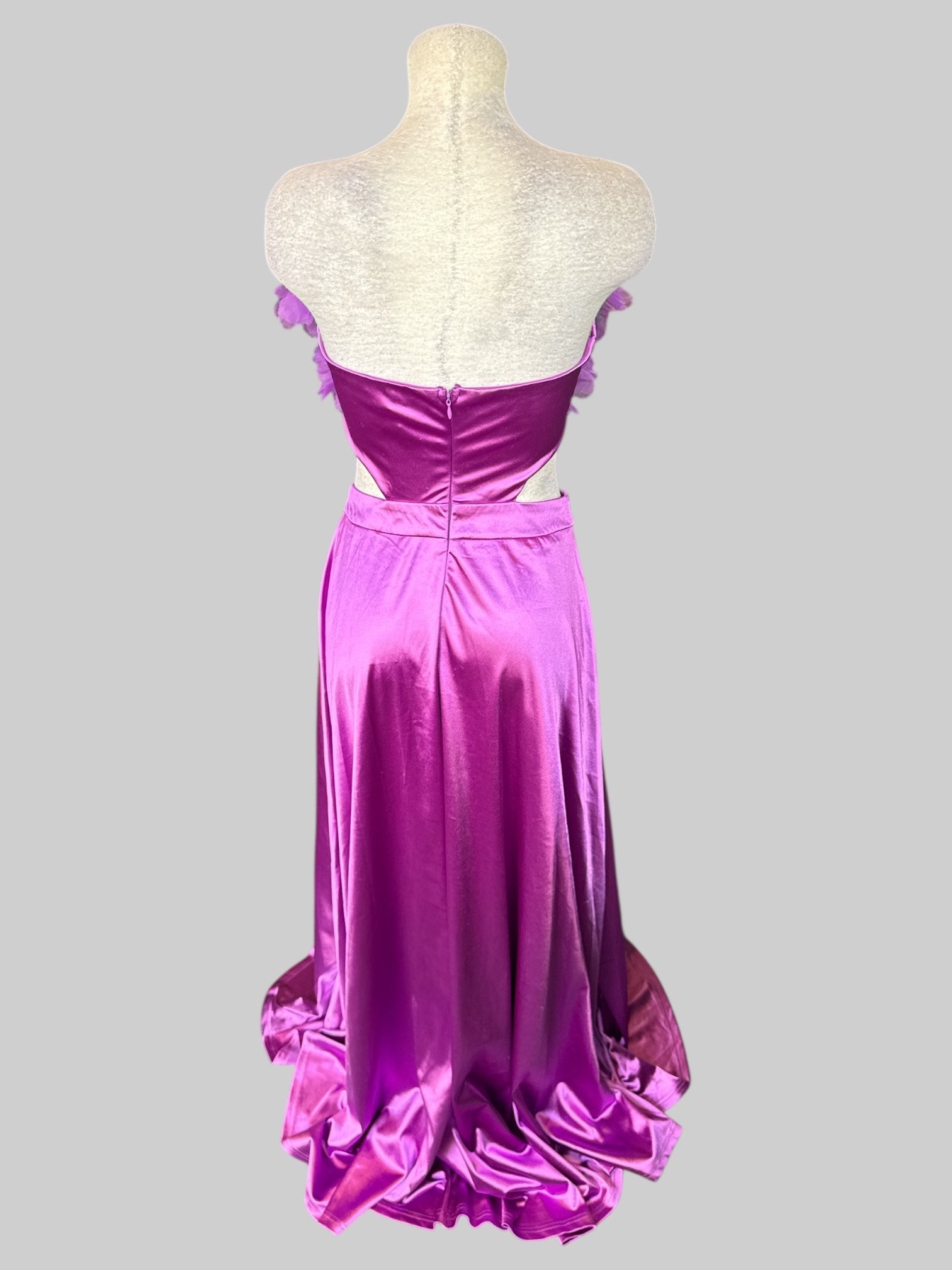 S Purple satin-like strapless dress with tulle floral design on chest, mid-drift cut out, and zipper on back