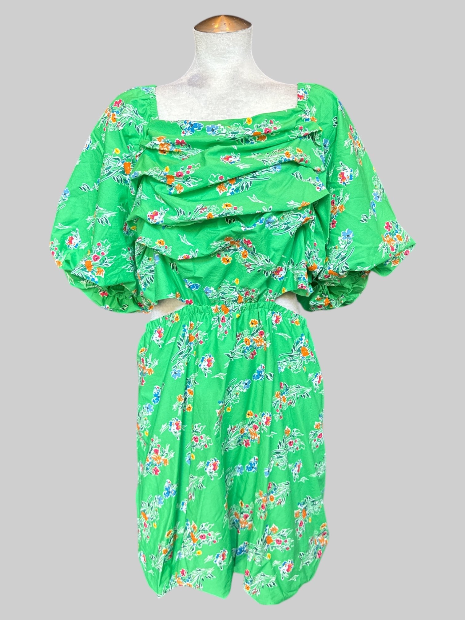 2X NWT Green dress with multicolor florals, side cut outs, shirred back, draping on chest, and balloon sleeves