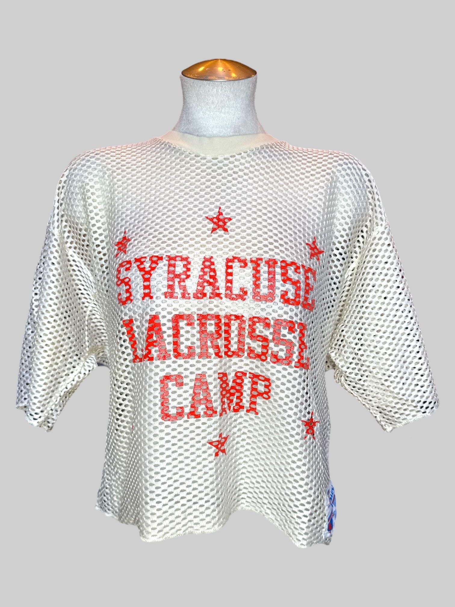 L Vintage cropped white mesh Syracuse lacrosse camp shirt