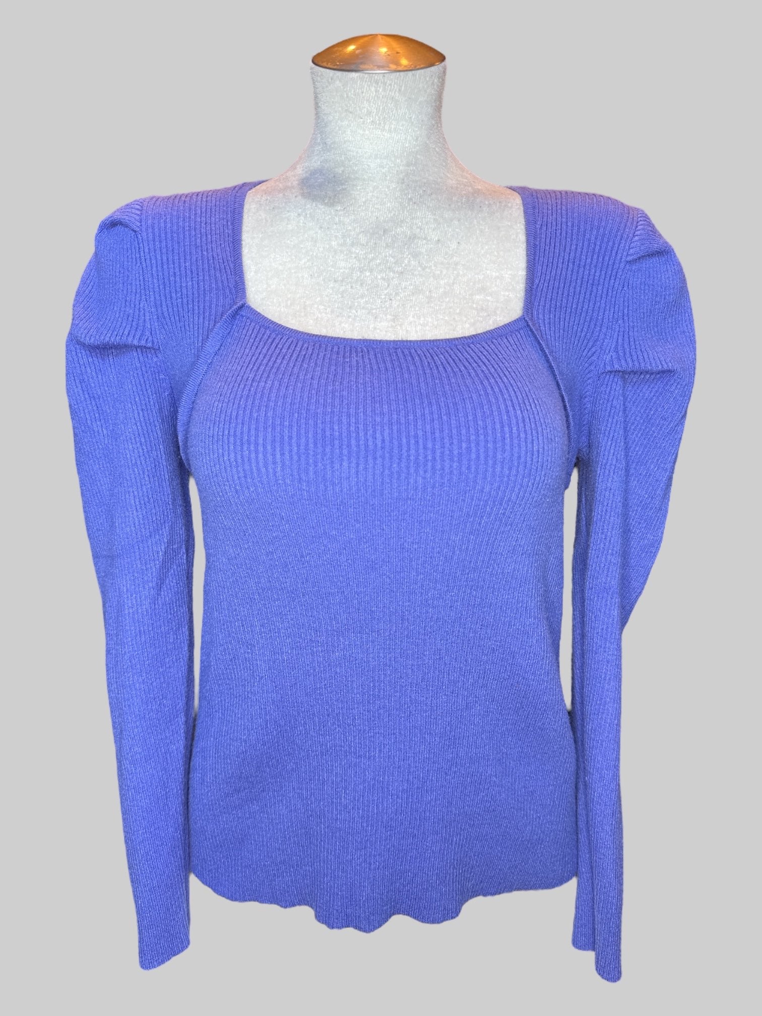 L Purple ribbed sweater top with puff sleeves