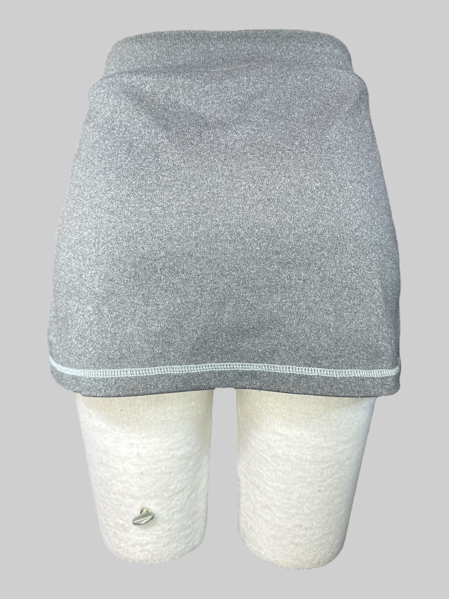M Heathered grey athletic skort with blue lettering and rhinestones