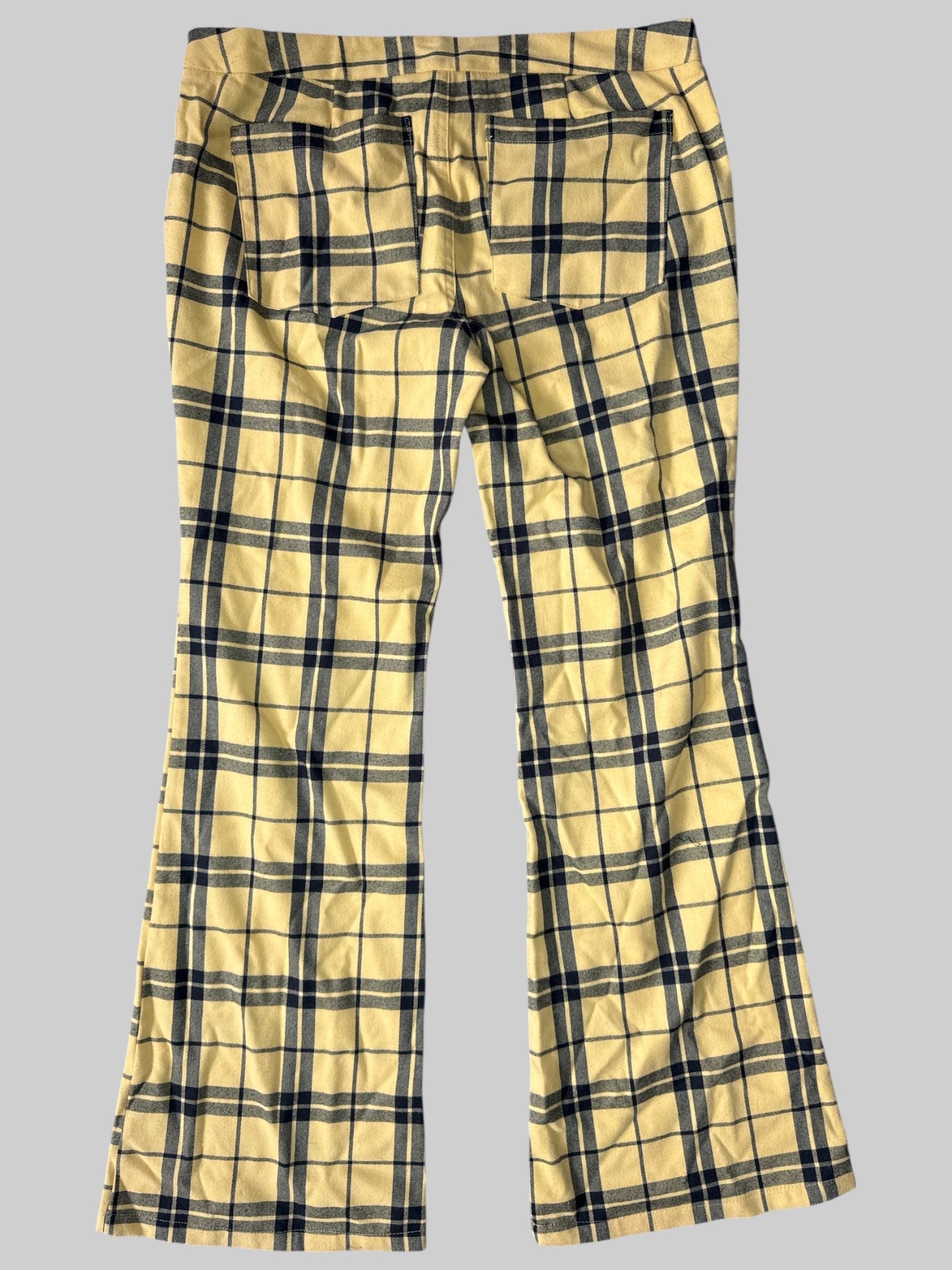XL Yellow plaid pants with backpack pockets, and flared legs