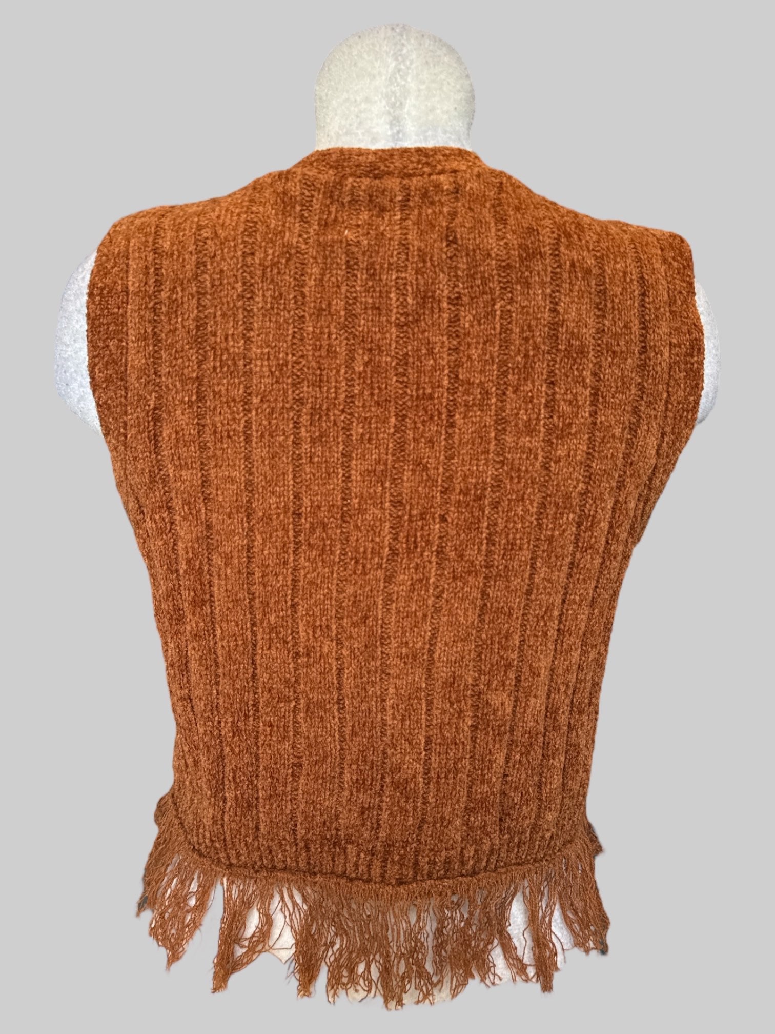 L Vintage brown button up sweater vest with fringe edges