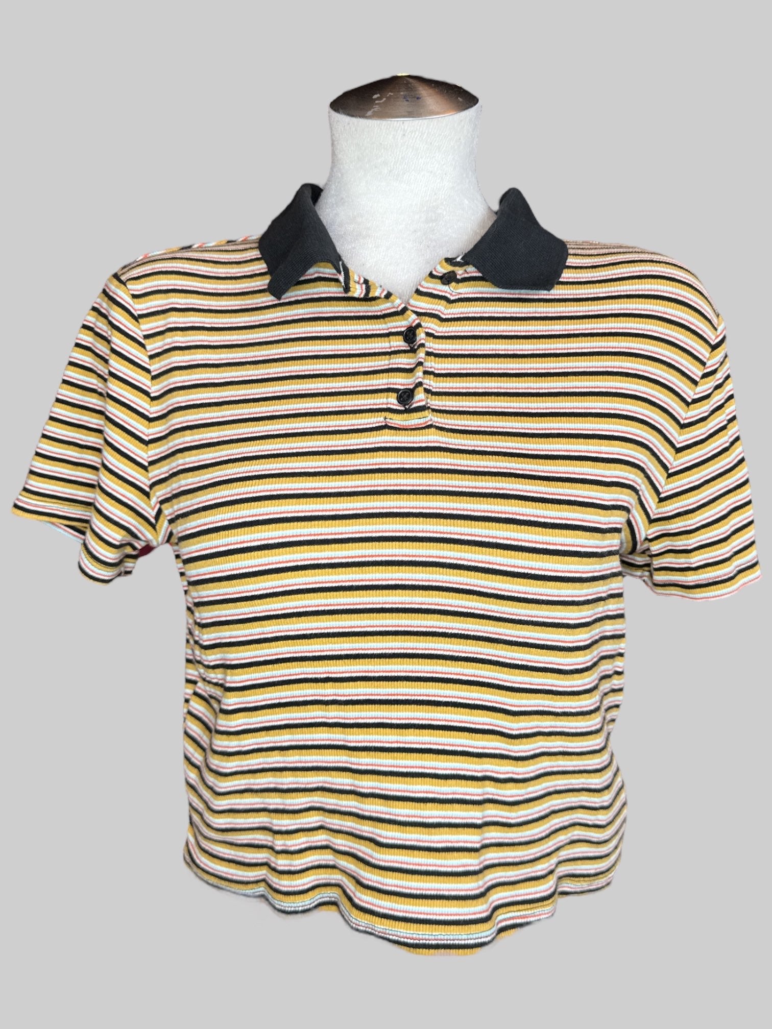 0X Yellow, blue, red, white, and black striped crop top with mock neck