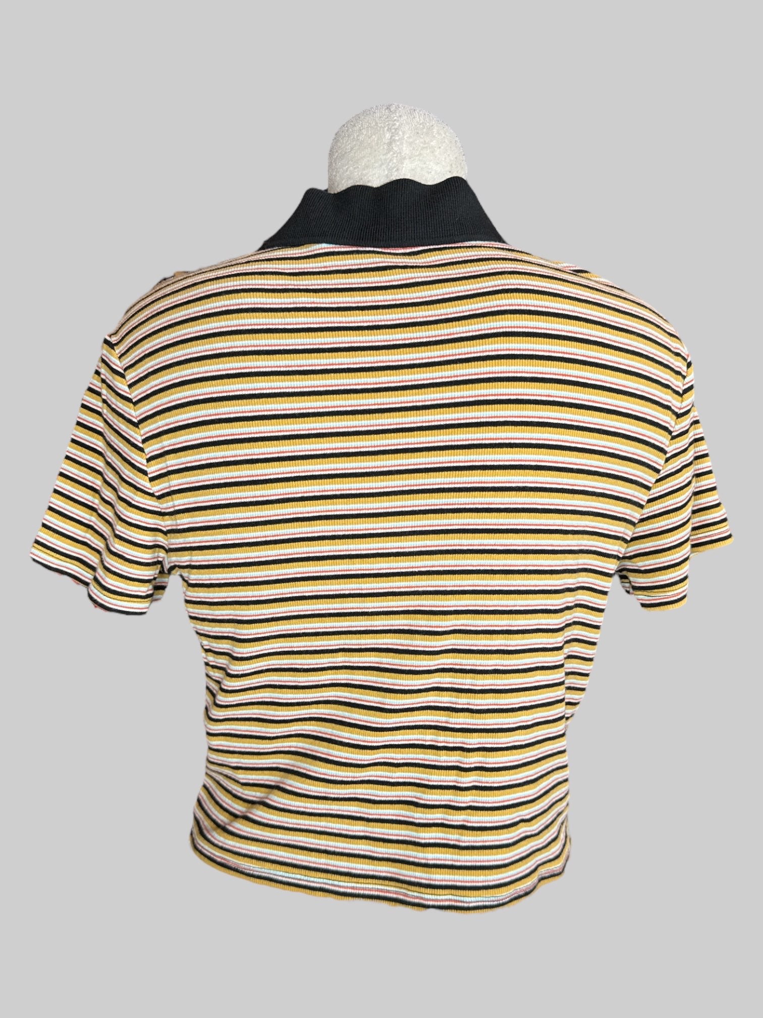 0X Yellow, blue, red, white, and black striped crop top with mock neck