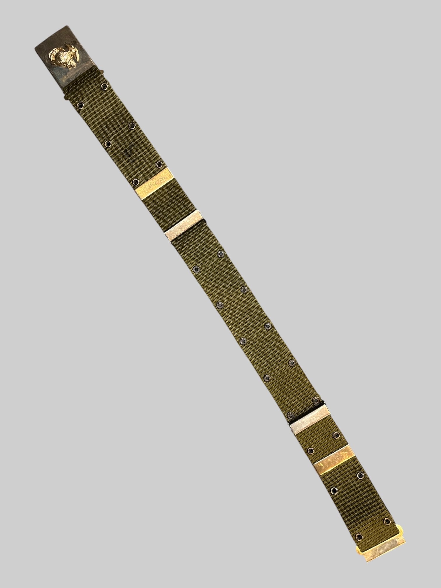 M Green canvas army belt with adjustable sides, and eyelets throughout