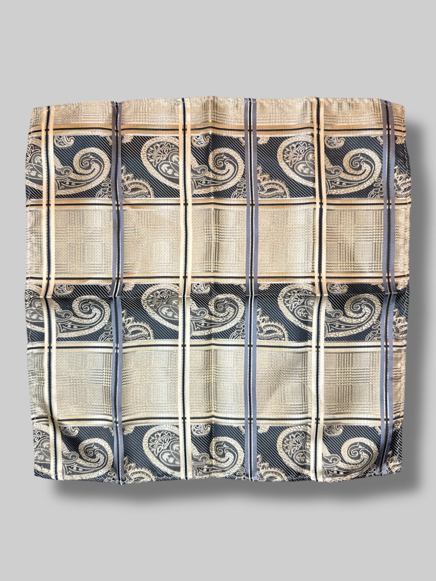 Tan and silver ornately designed plaid pocket square