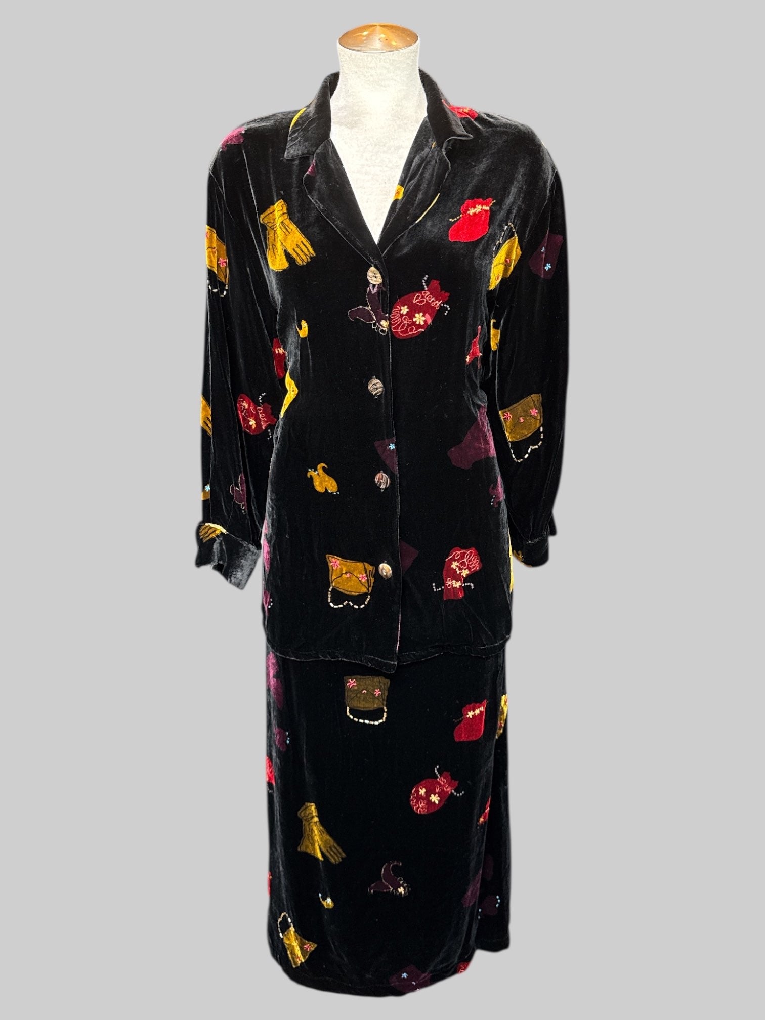 L vintage skirt and button up black velvet set with beaded bags and gloves