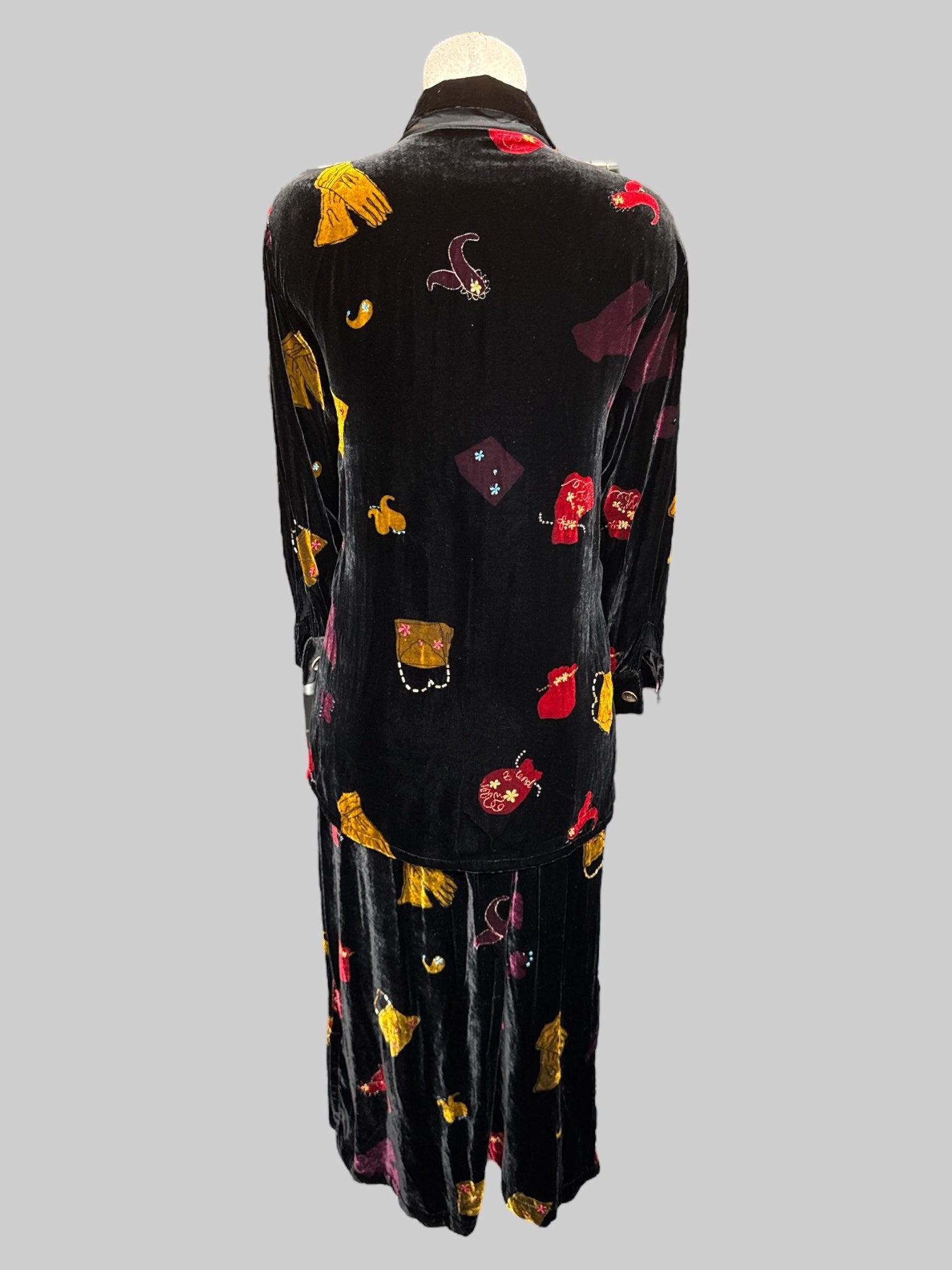 L vintage skirt and button up black velvet set with beaded bags and gloves