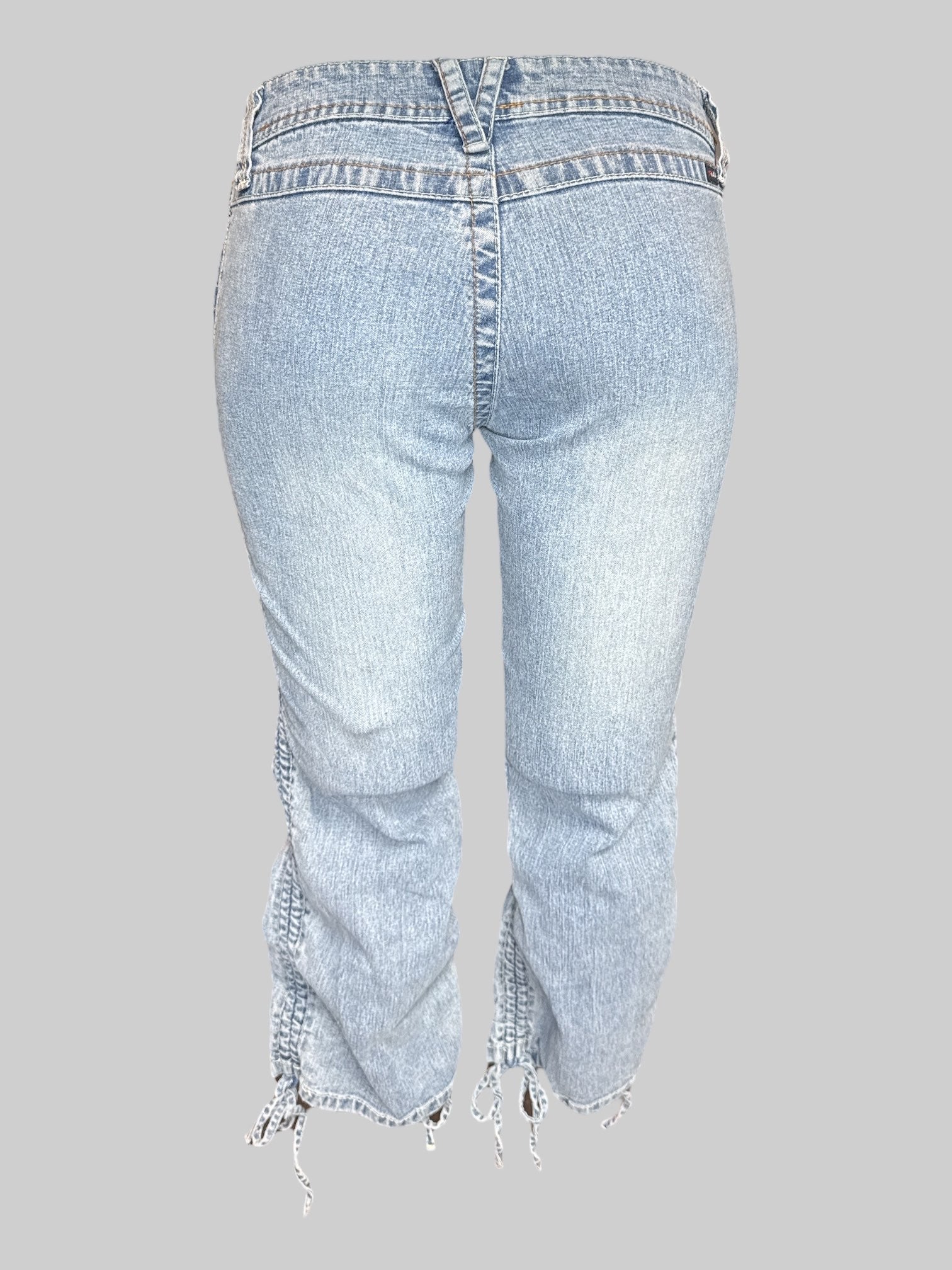 S vintage light wash pants with ruching on sides and ties