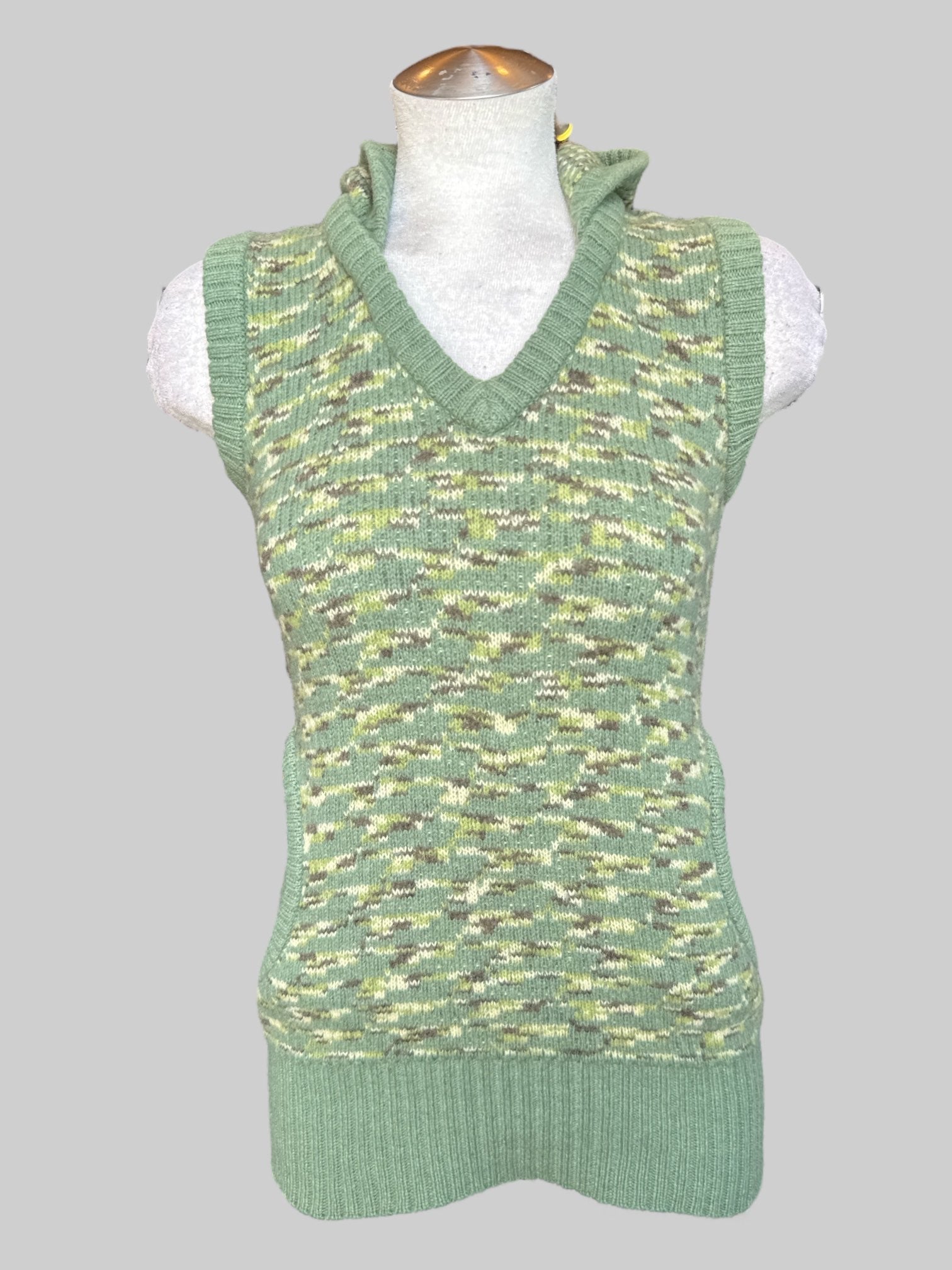 M green, brown, and cream knit sweater with hood