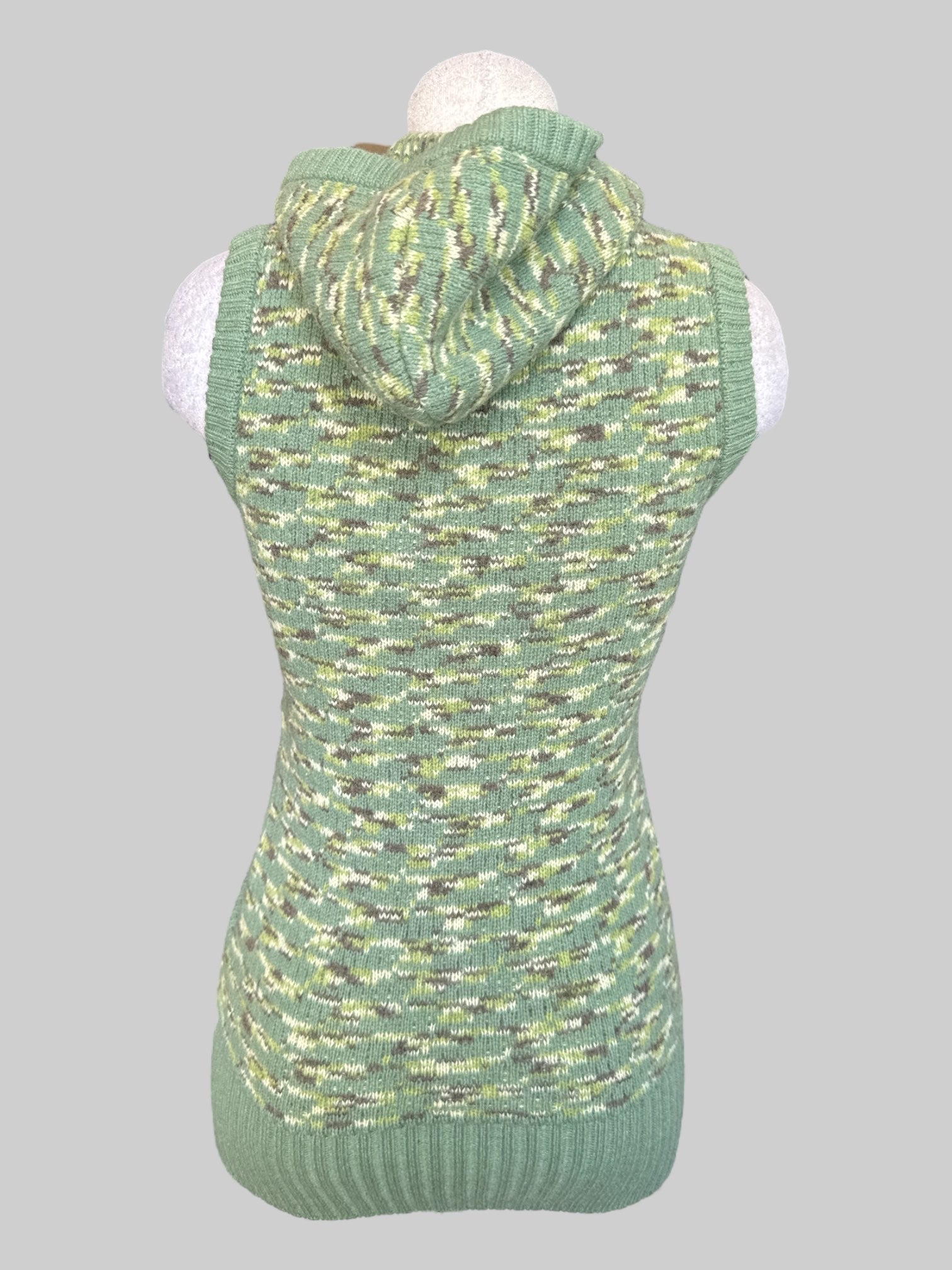 M green, brown, and cream knit sweater with hood