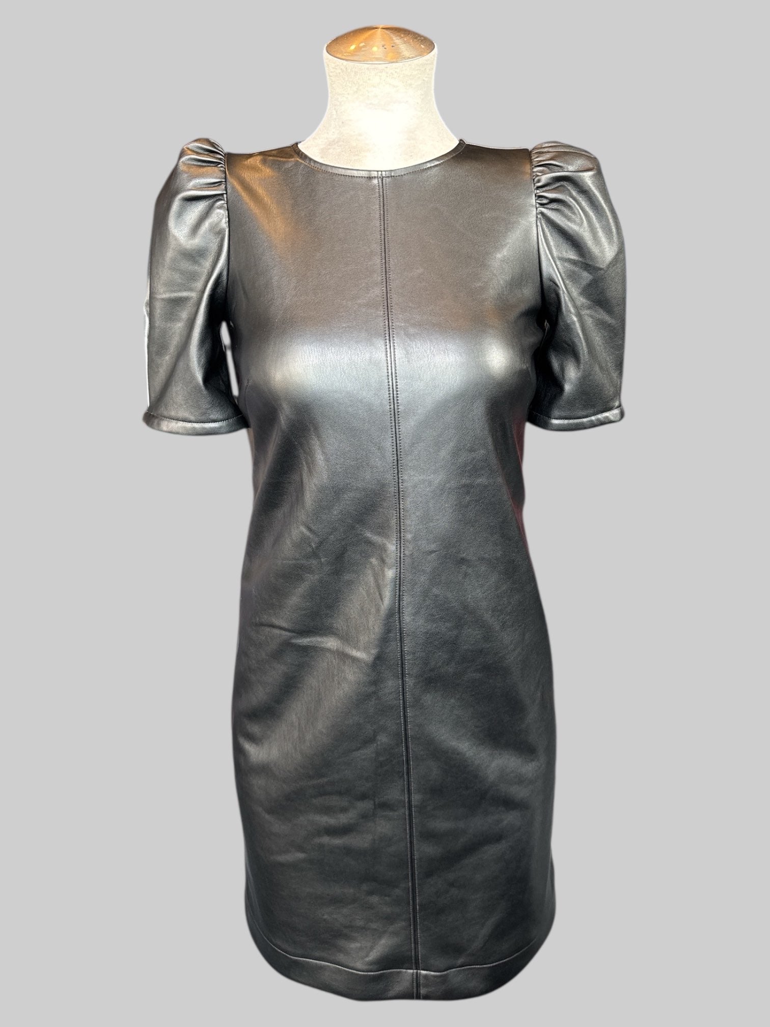 S Black body con pleather dress with pleated puff sleeves
