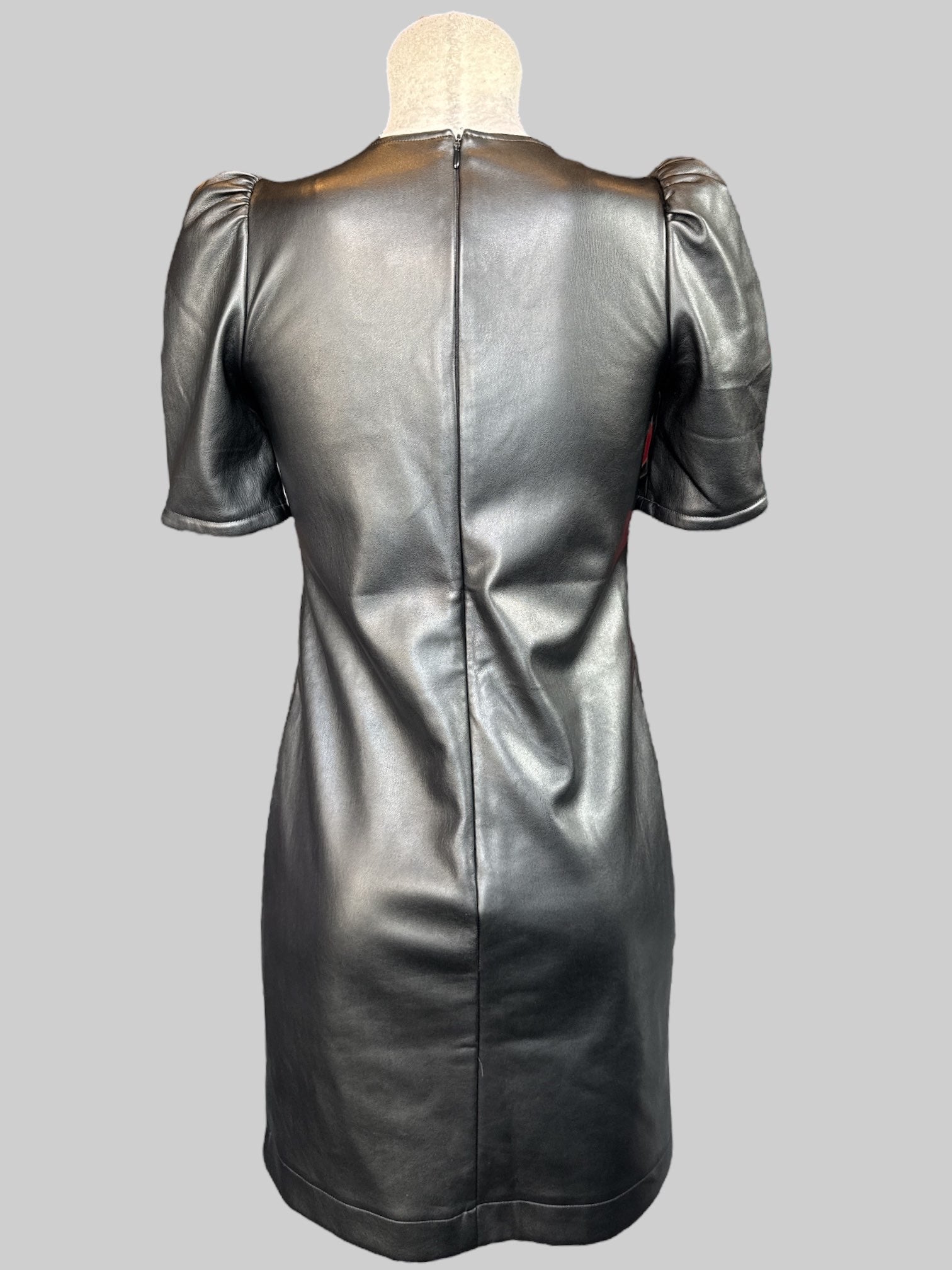 S Black body con pleather dress with pleated puff sleeves