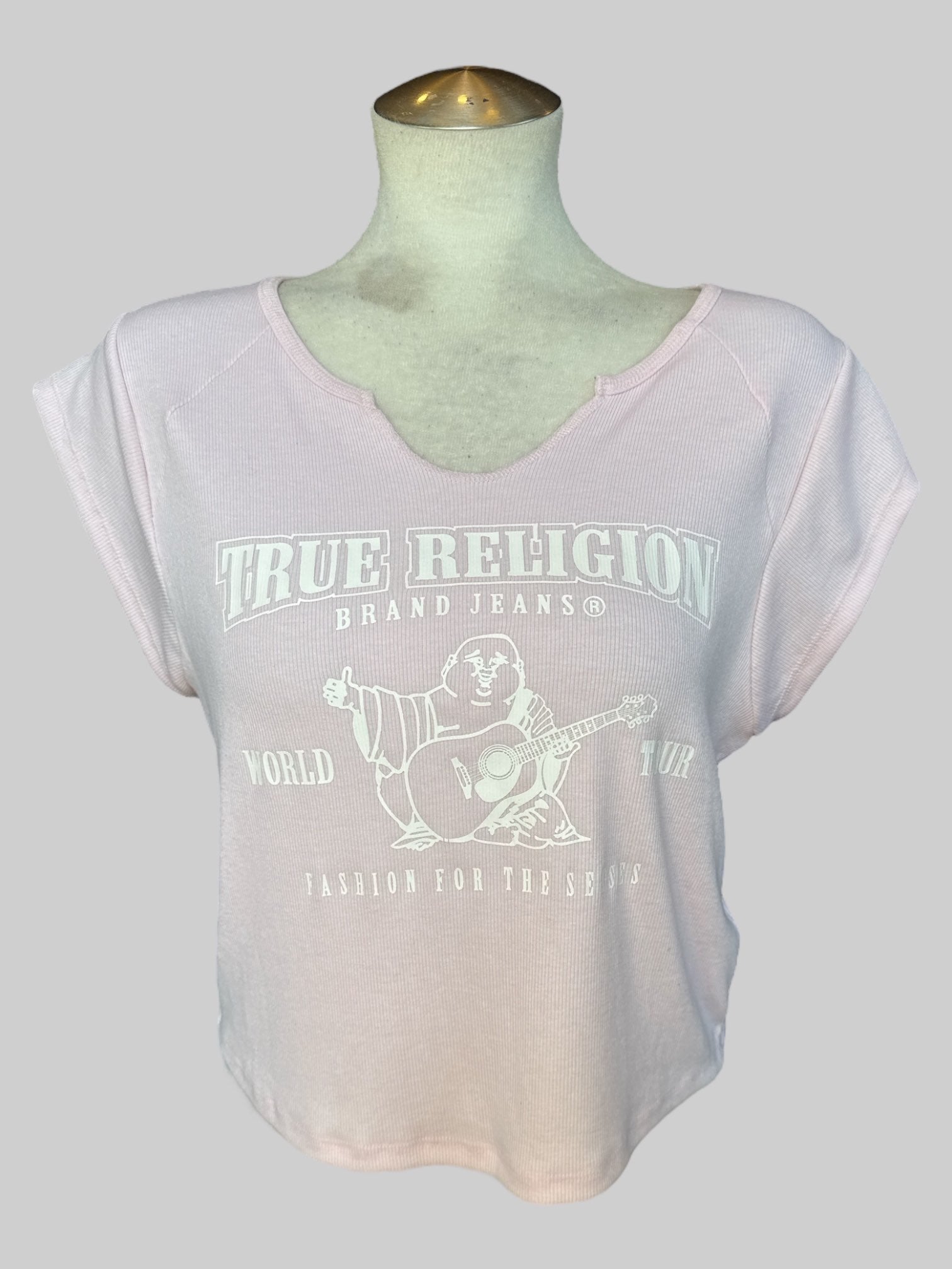 3X True Religion brand light pink ribbed t shirt