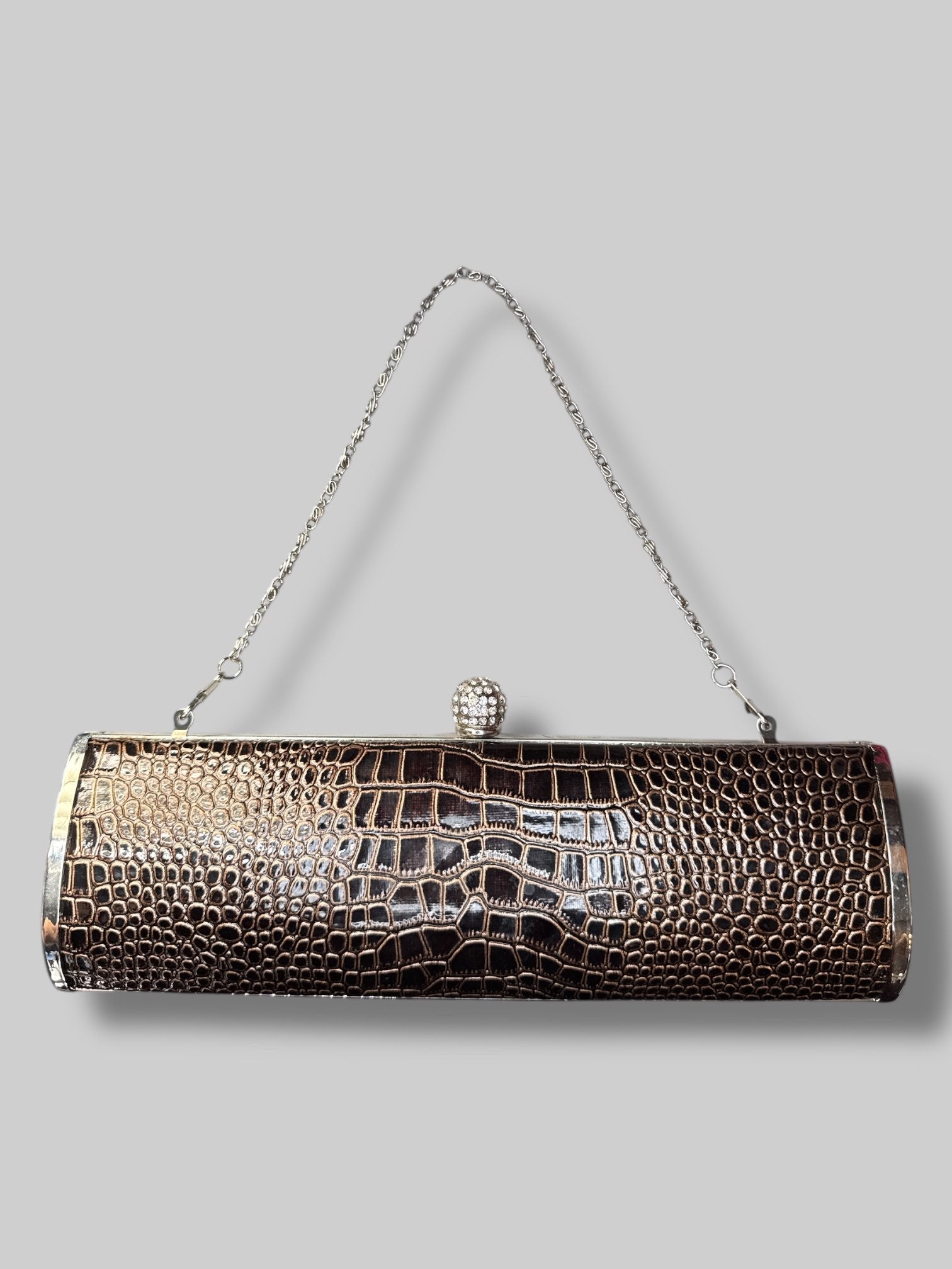 Long vintage brown reptile print bag with detachable strap