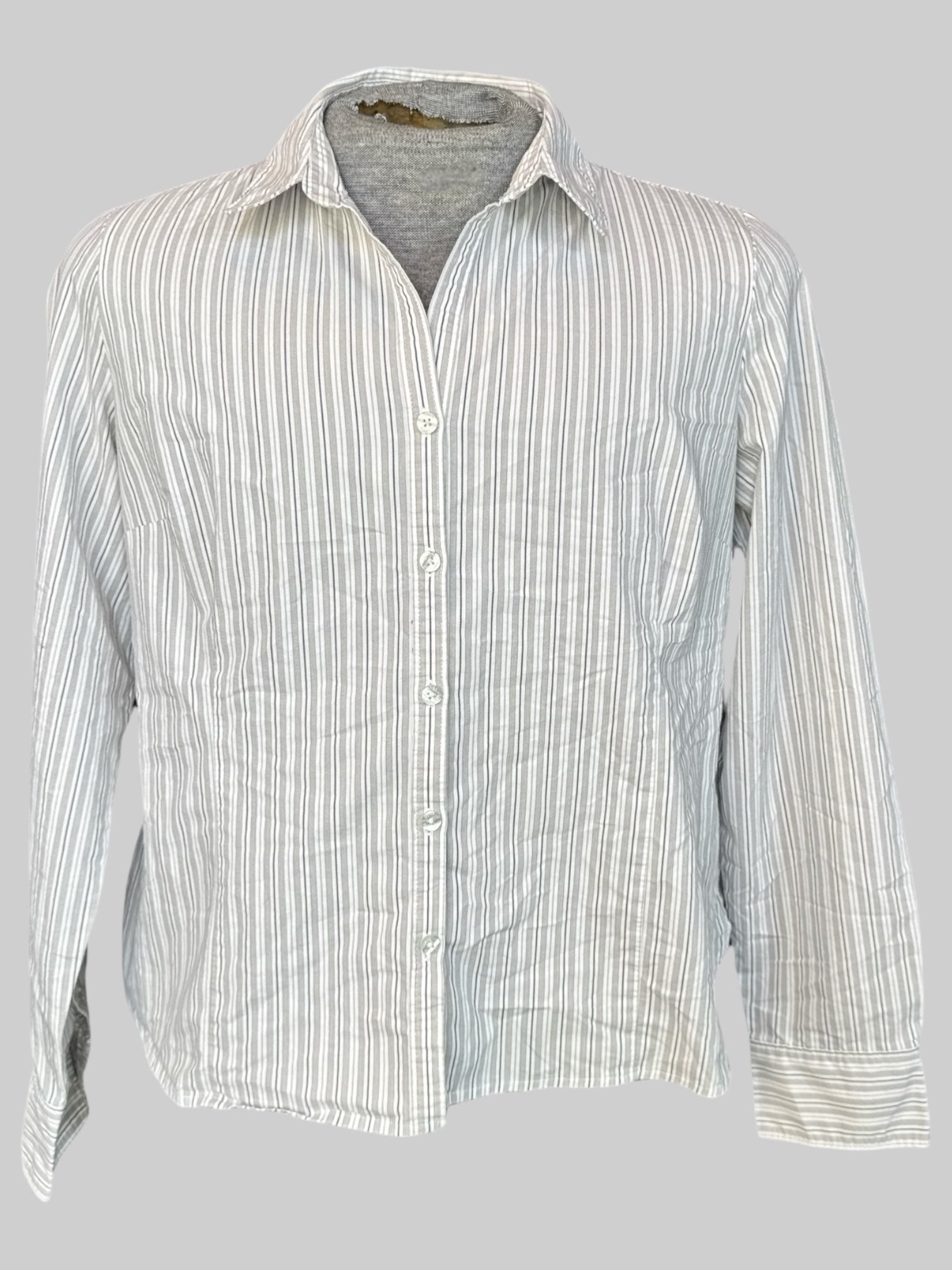 1X White, black, grey, and brown striped button up top