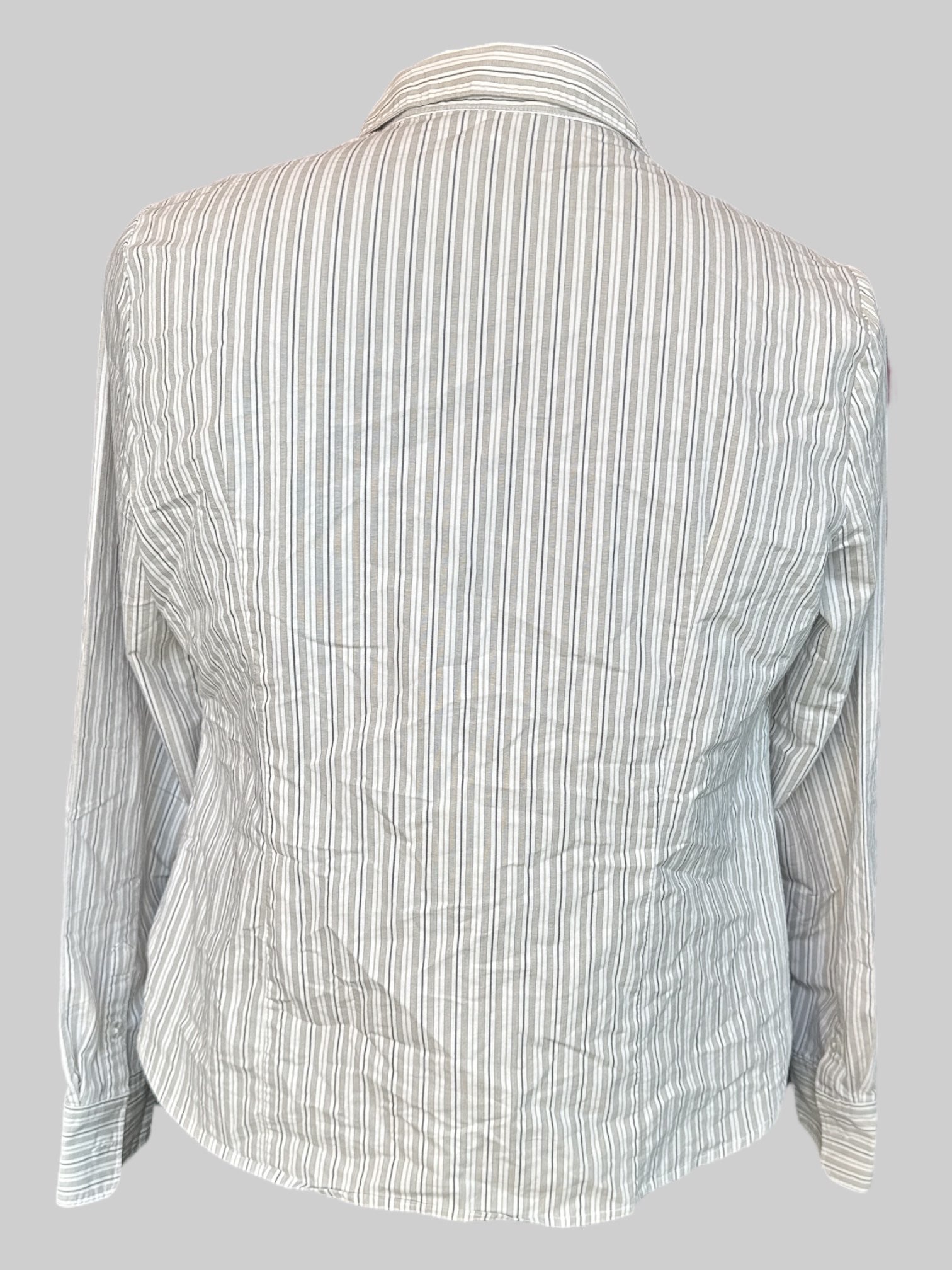 1X White, black, grey, and brown striped button up top