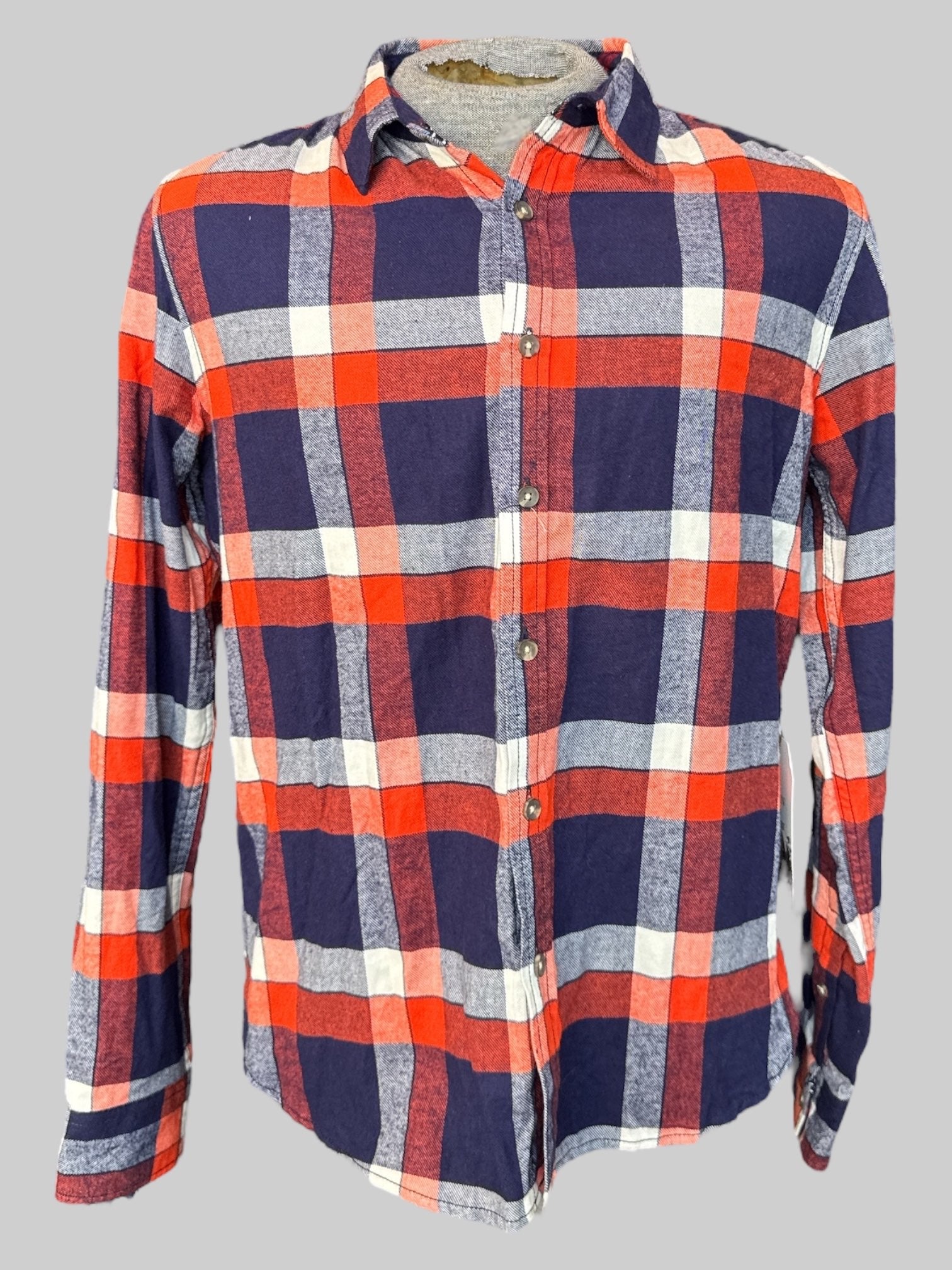 XL NWT Blue, orange and white plaid flannel button up