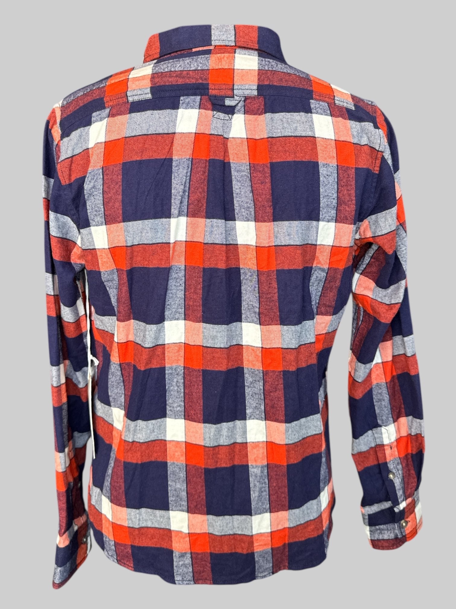 XL NWT Blue, orange and white plaid flannel button up