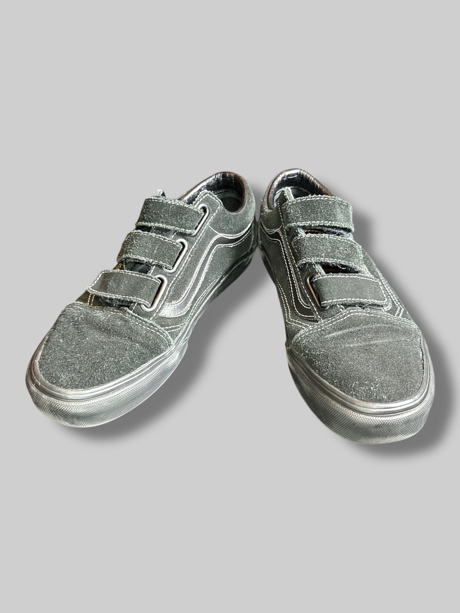 Size 7.5 M/9 W Black suede vans with Velcro straps and leather details