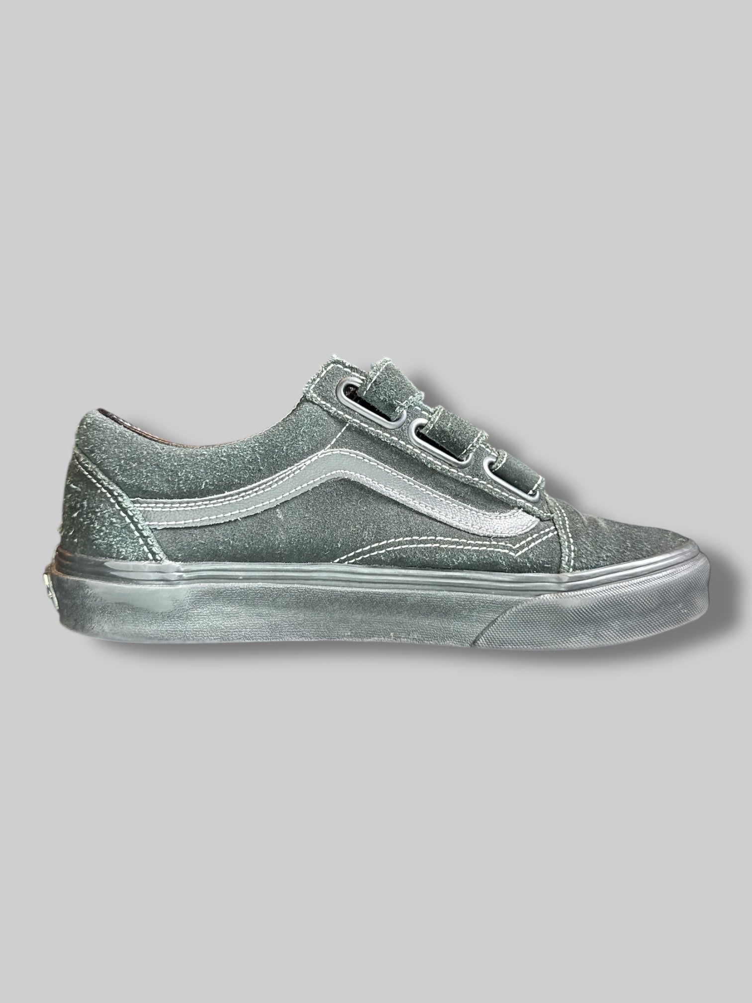 Size 7.5 M/9 W Black suede vans with Velcro straps and leather details