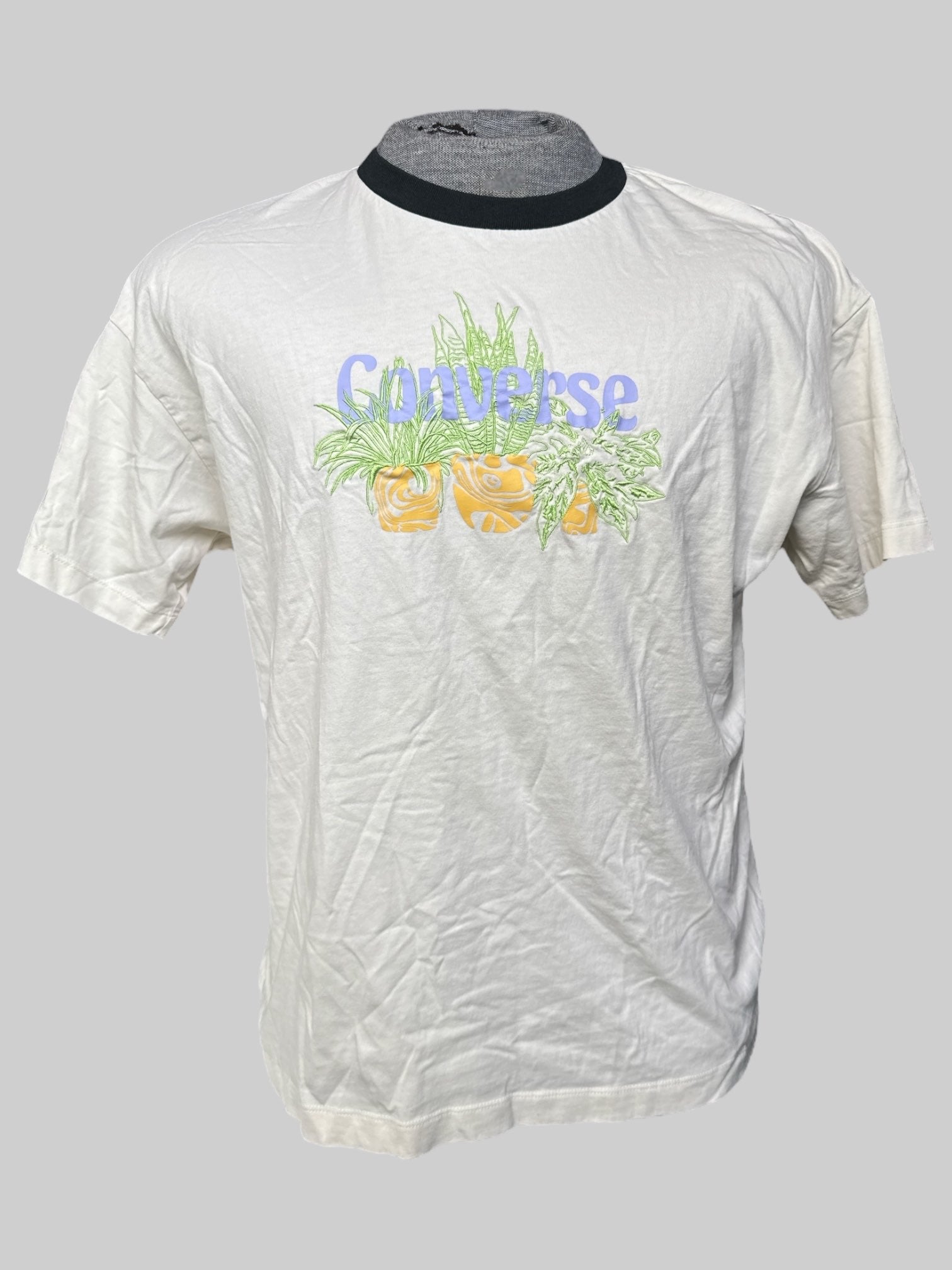 XL Off white converse ringer tee with green botanical embroidery