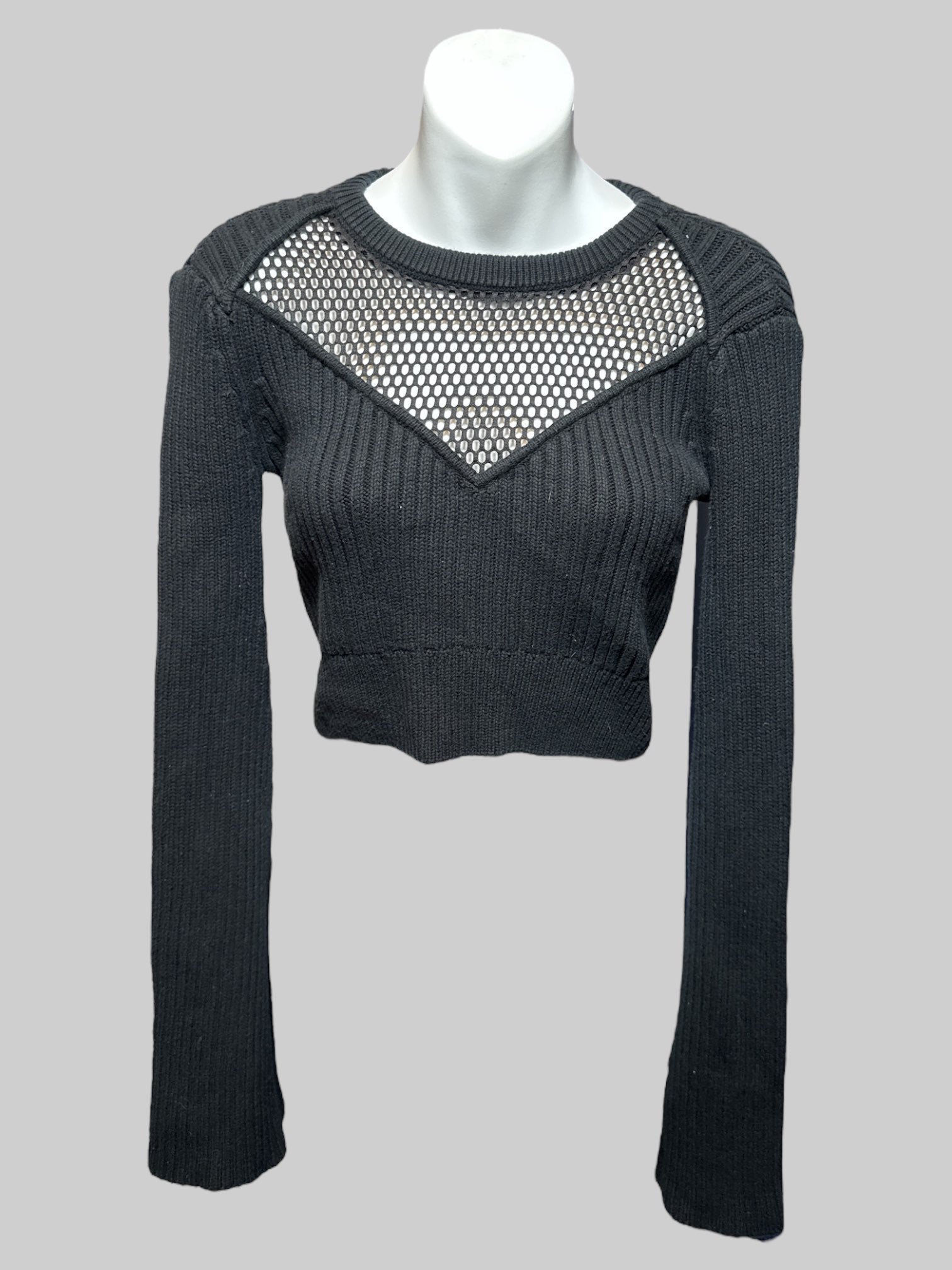 XS black knit ribbed sweater top with open back, mesh chest, and bell sleeves