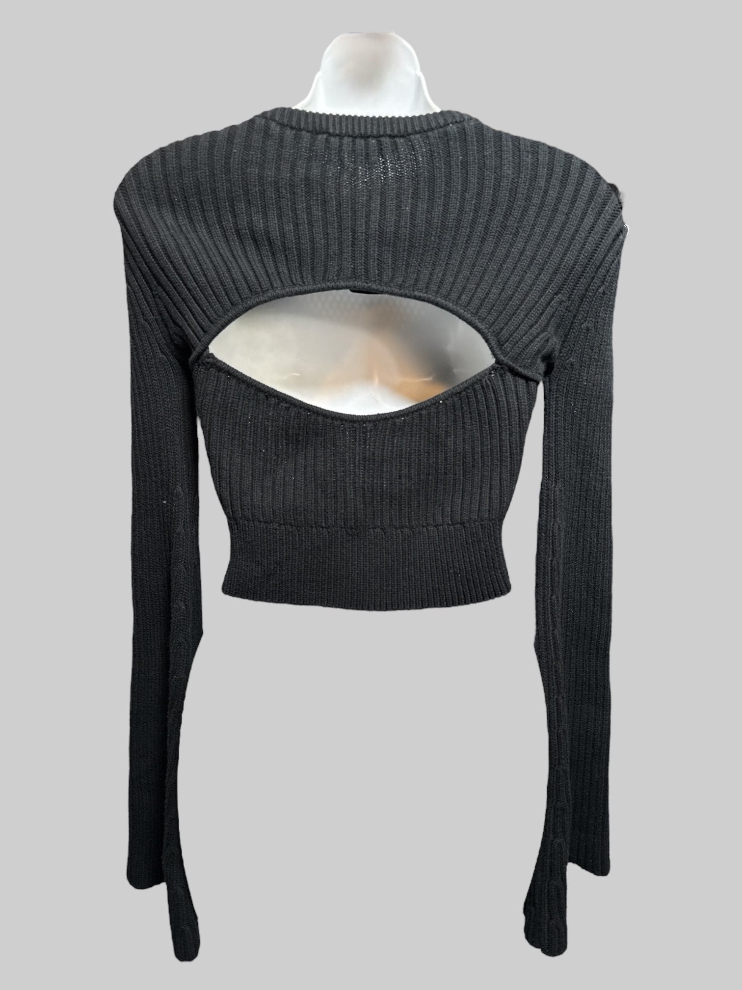 XS black knit ribbed sweater top with open back, mesh chest, and bell sleeves