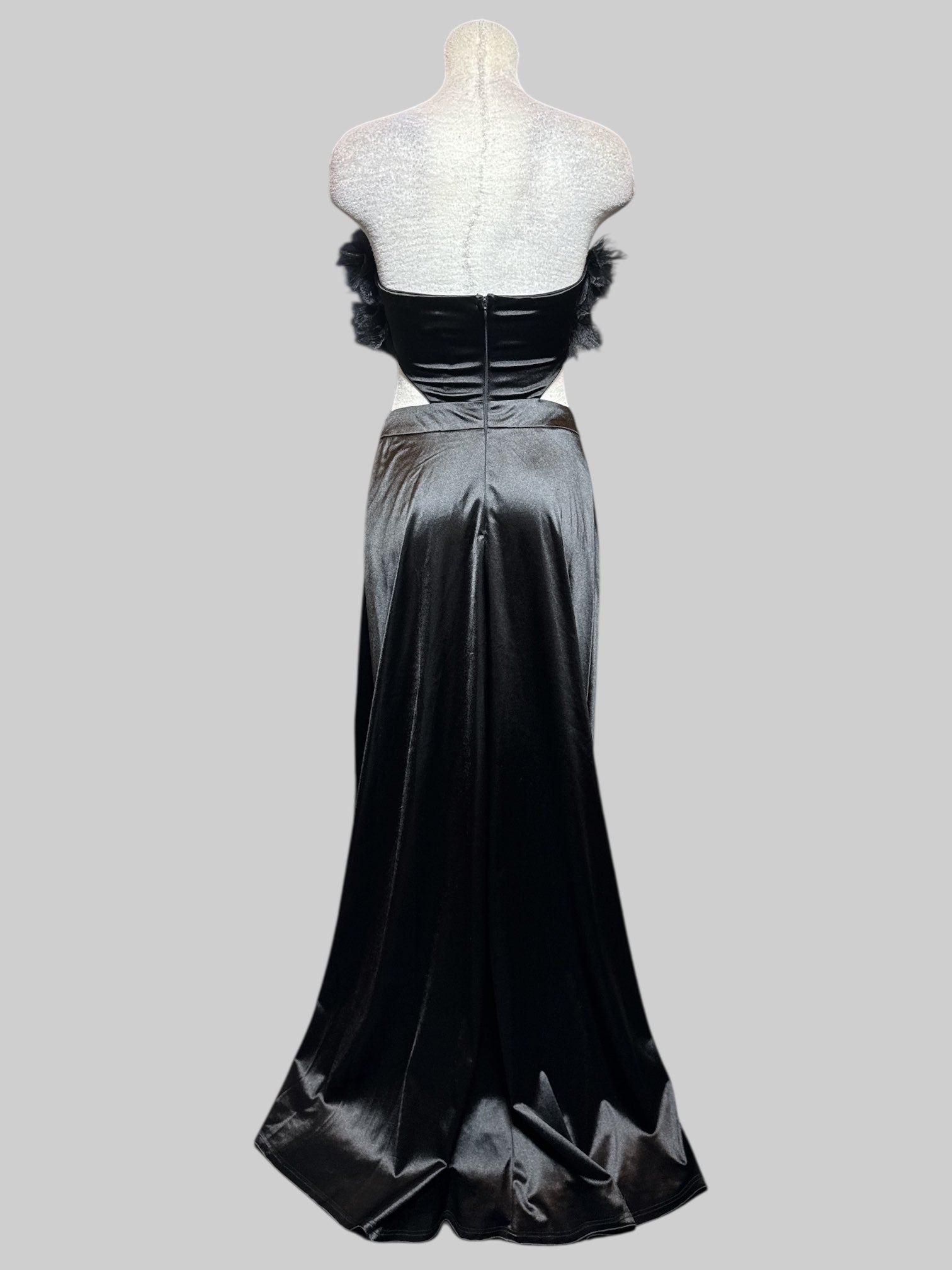 S NWT black maxi dress with stomach cut outs and flower chest