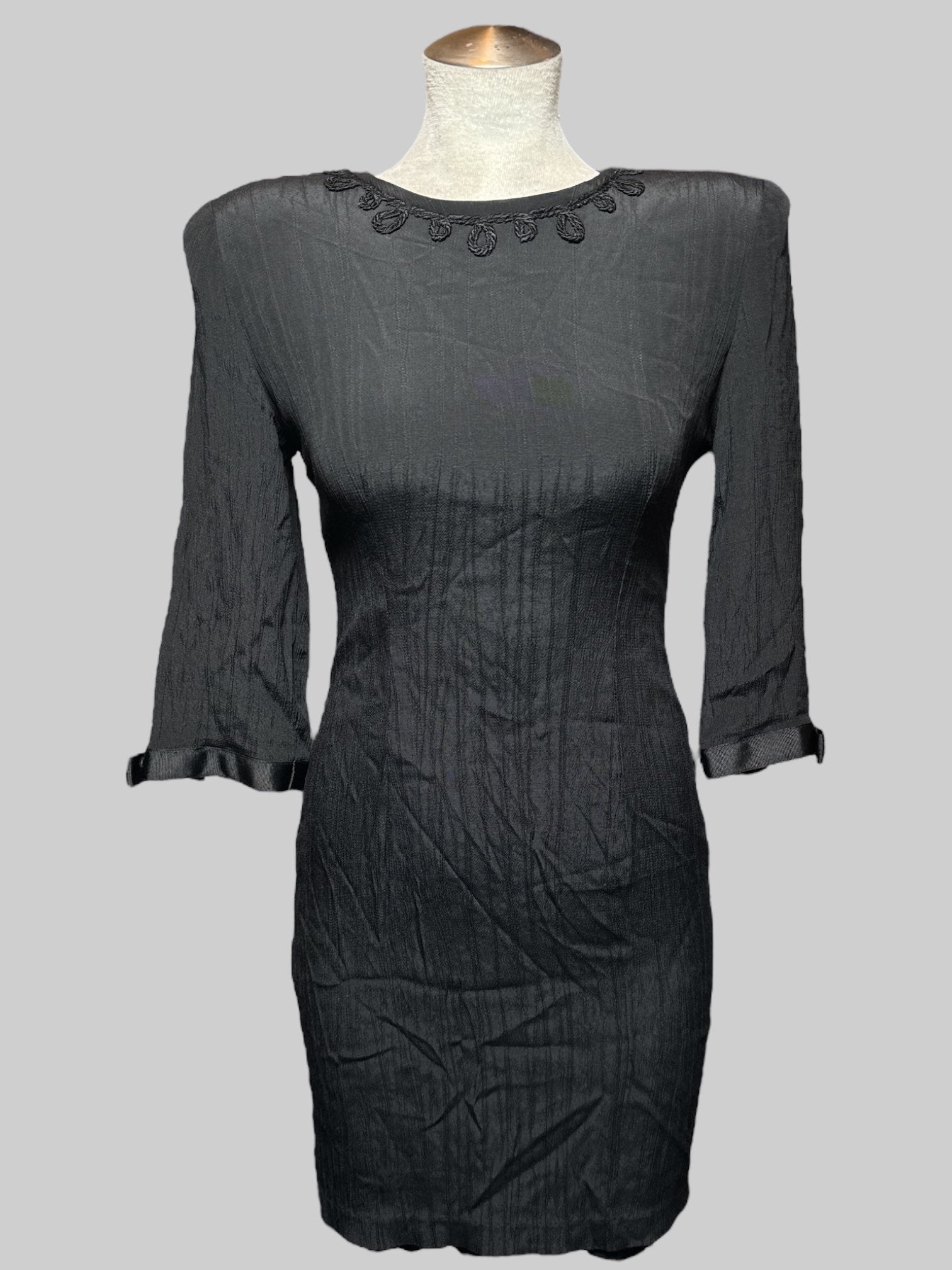 S vintage black short dress with embroidery, shoulder pads, little bows, and back zipper