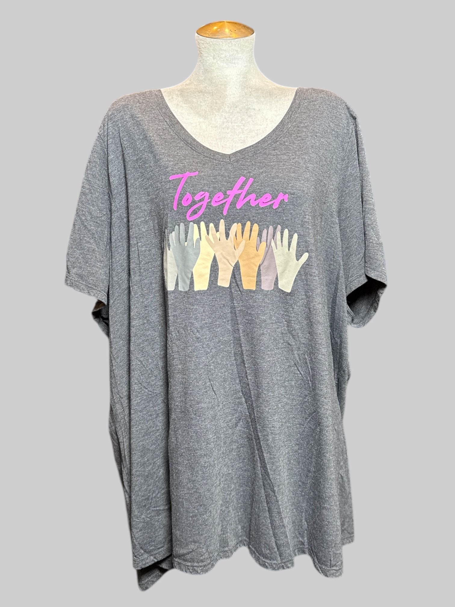 6X Heathered gray v neck with “Together” hand graphic