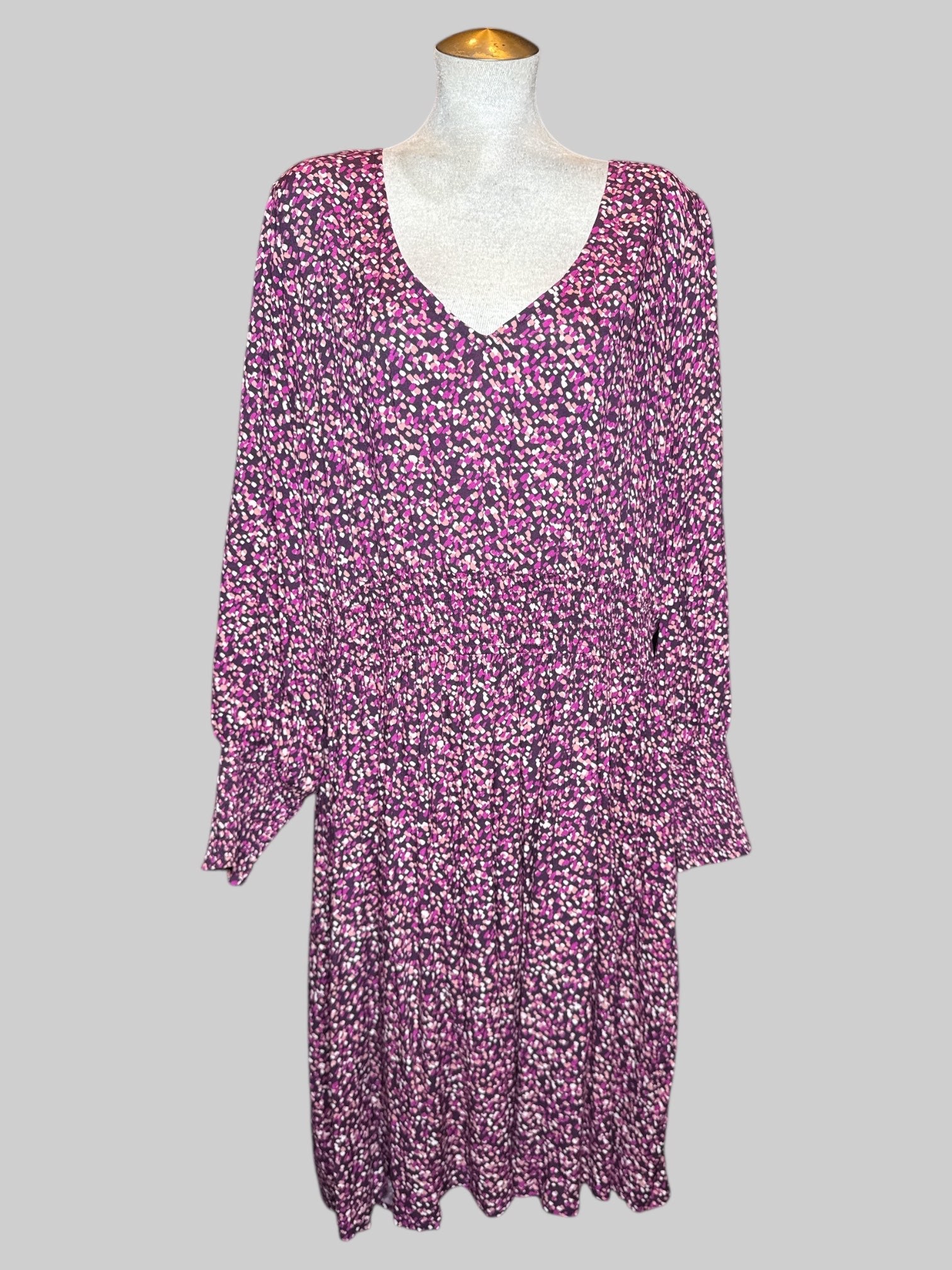 3X purple dress with pink, orange, and white geometric pattern, shirred waist, and shirred cuffs