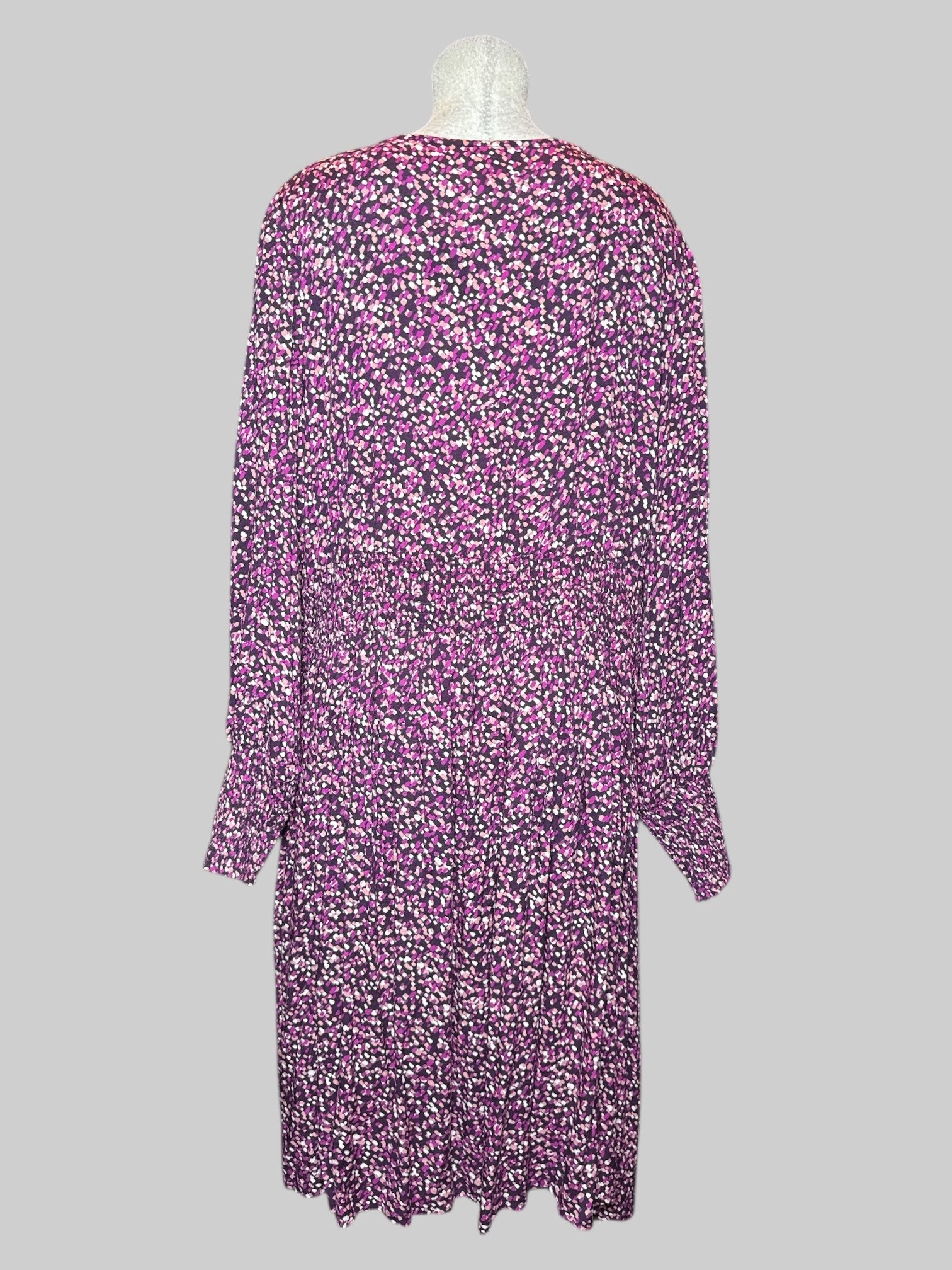 3X purple dress with pink, orange, and white geometric pattern, shirred waist, and shirred cuffs