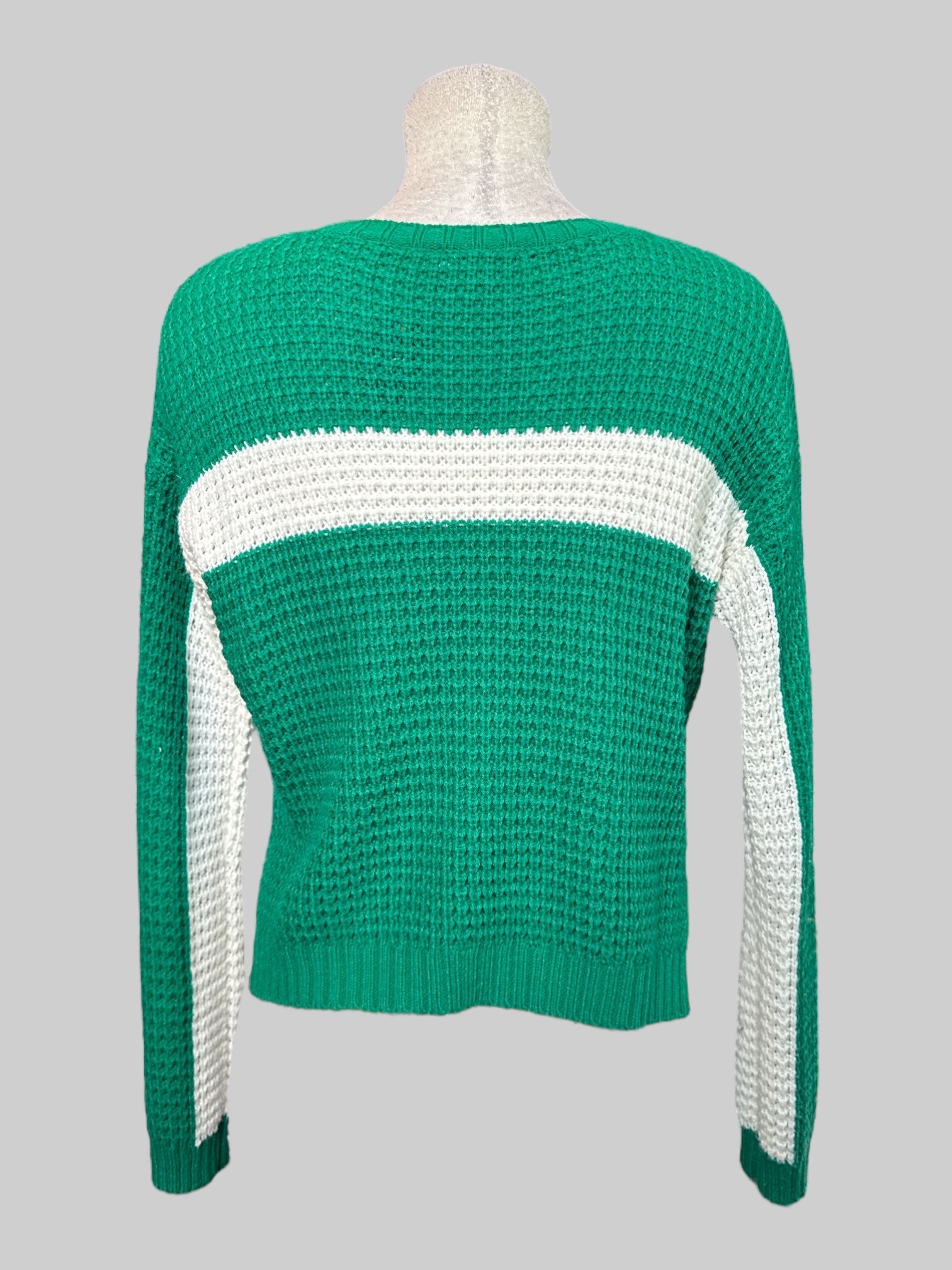 M green and white striped knit, long sleeve cropped sweater with slits on sides