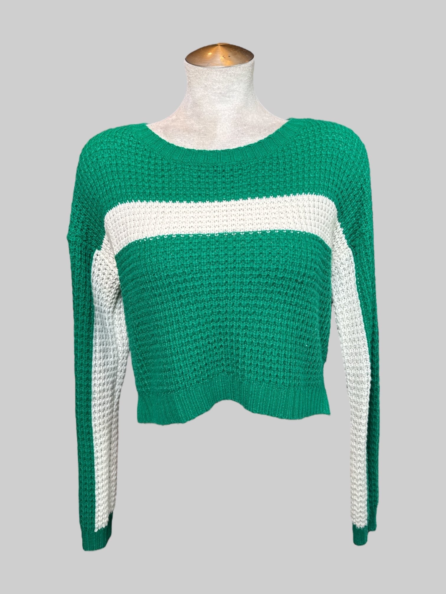 M green and white striped knit, long sleeve cropped sweater with slits on sides