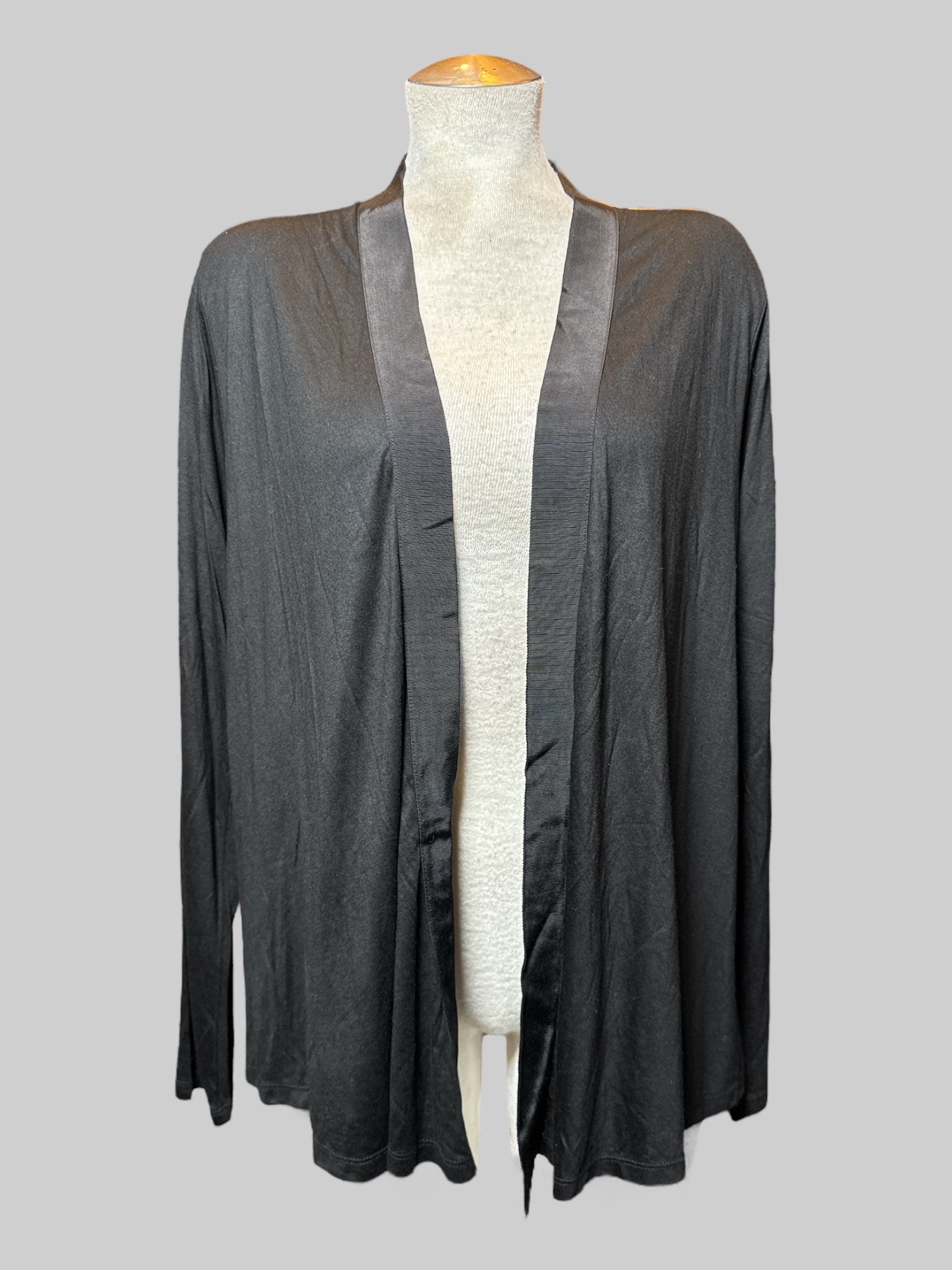 L black cardigan with ribbon like neckline