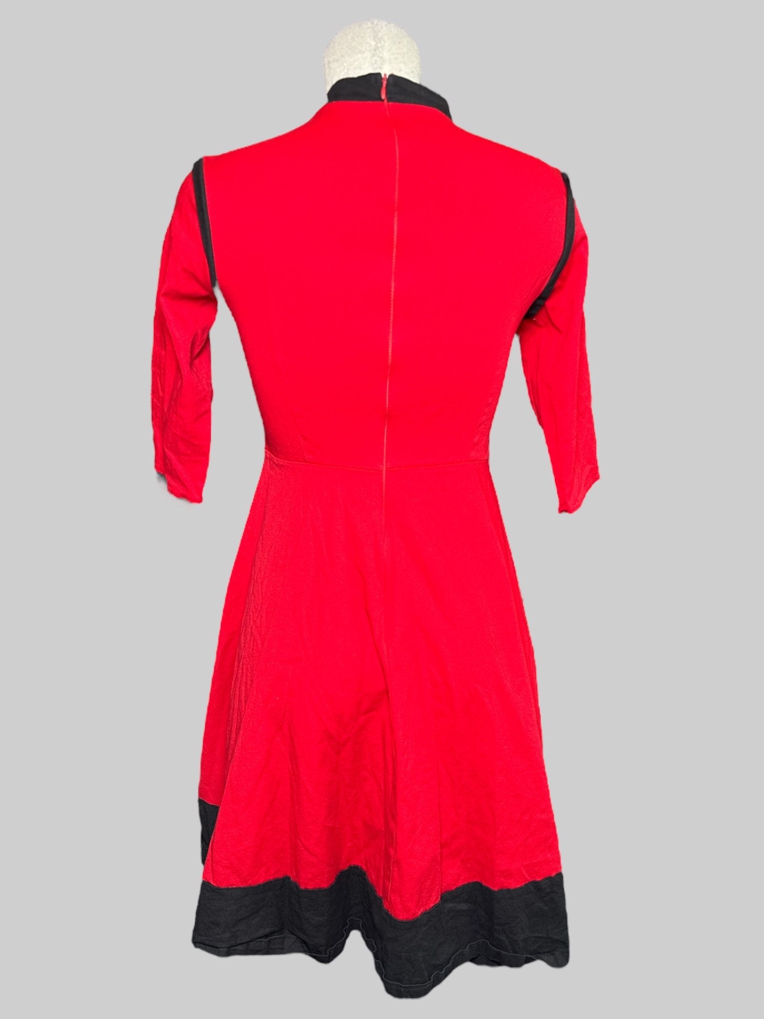 S red fit and flare dress with black accents