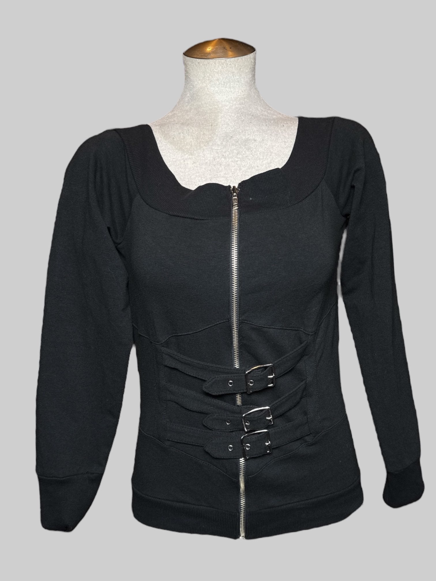 L Lip Service black scoop neck zip up jacket with buckles