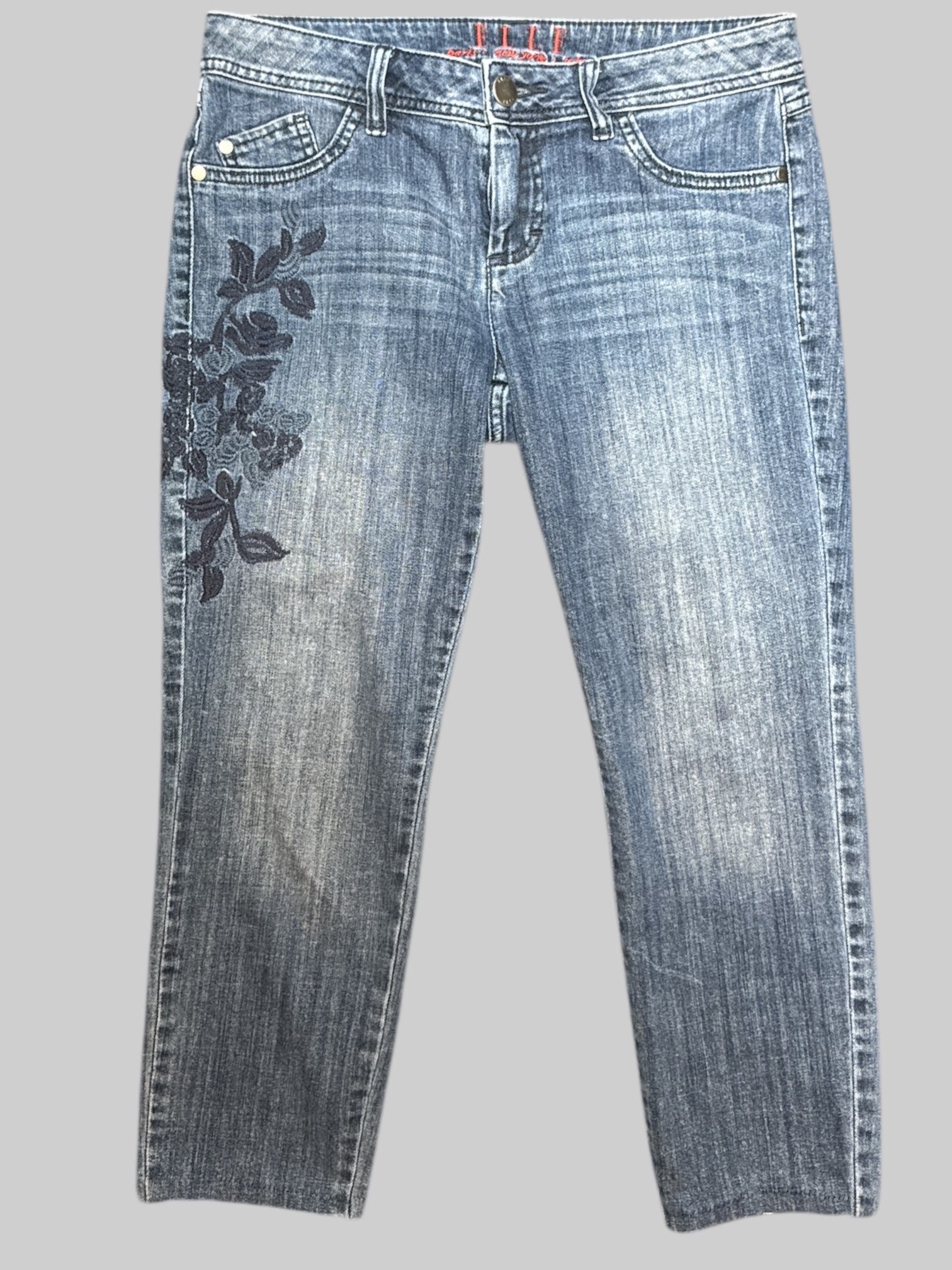 L light wash fade capri jeans with floral embroidery on side