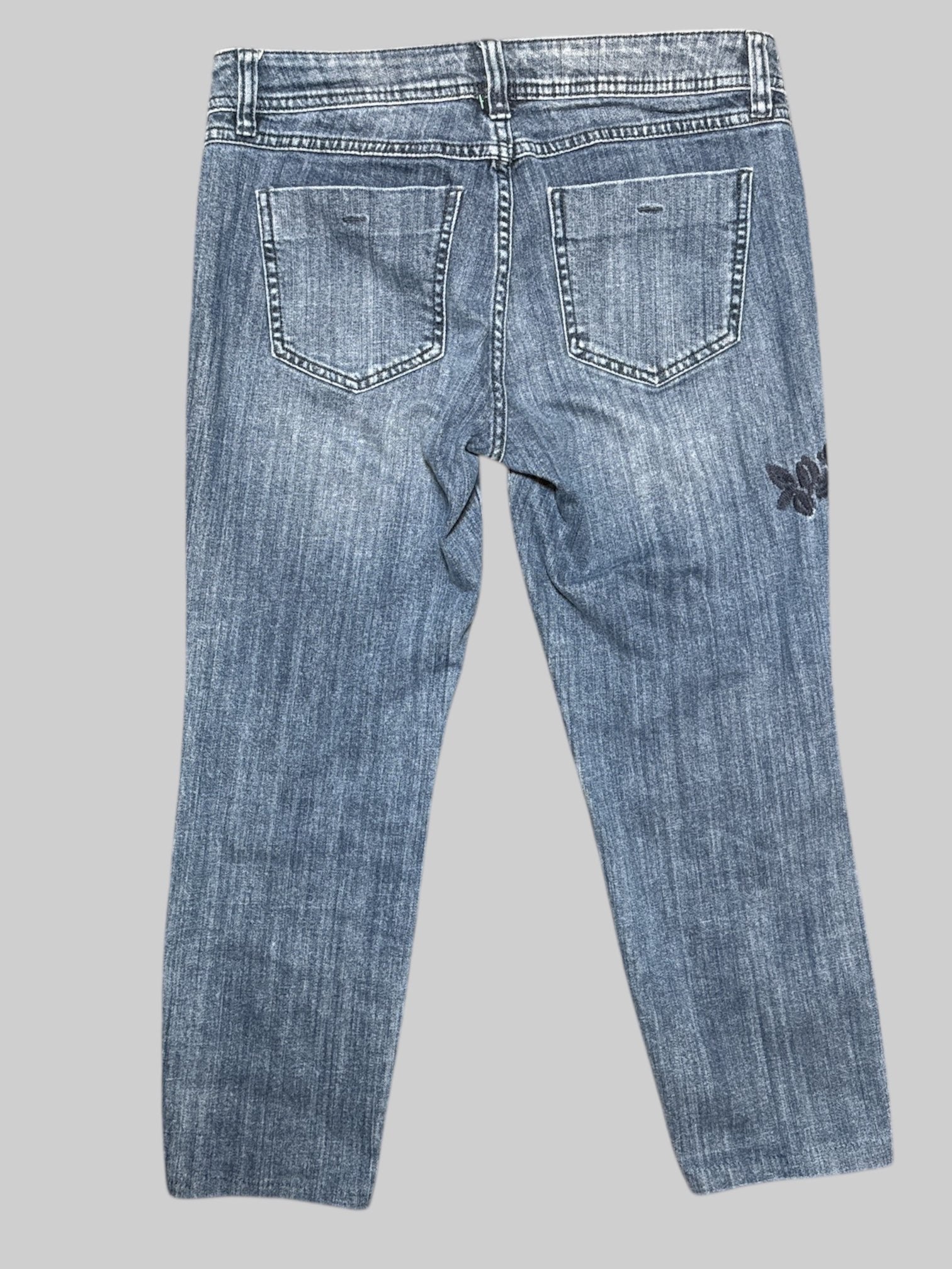 L light wash fade capri jeans with floral embroidery on side