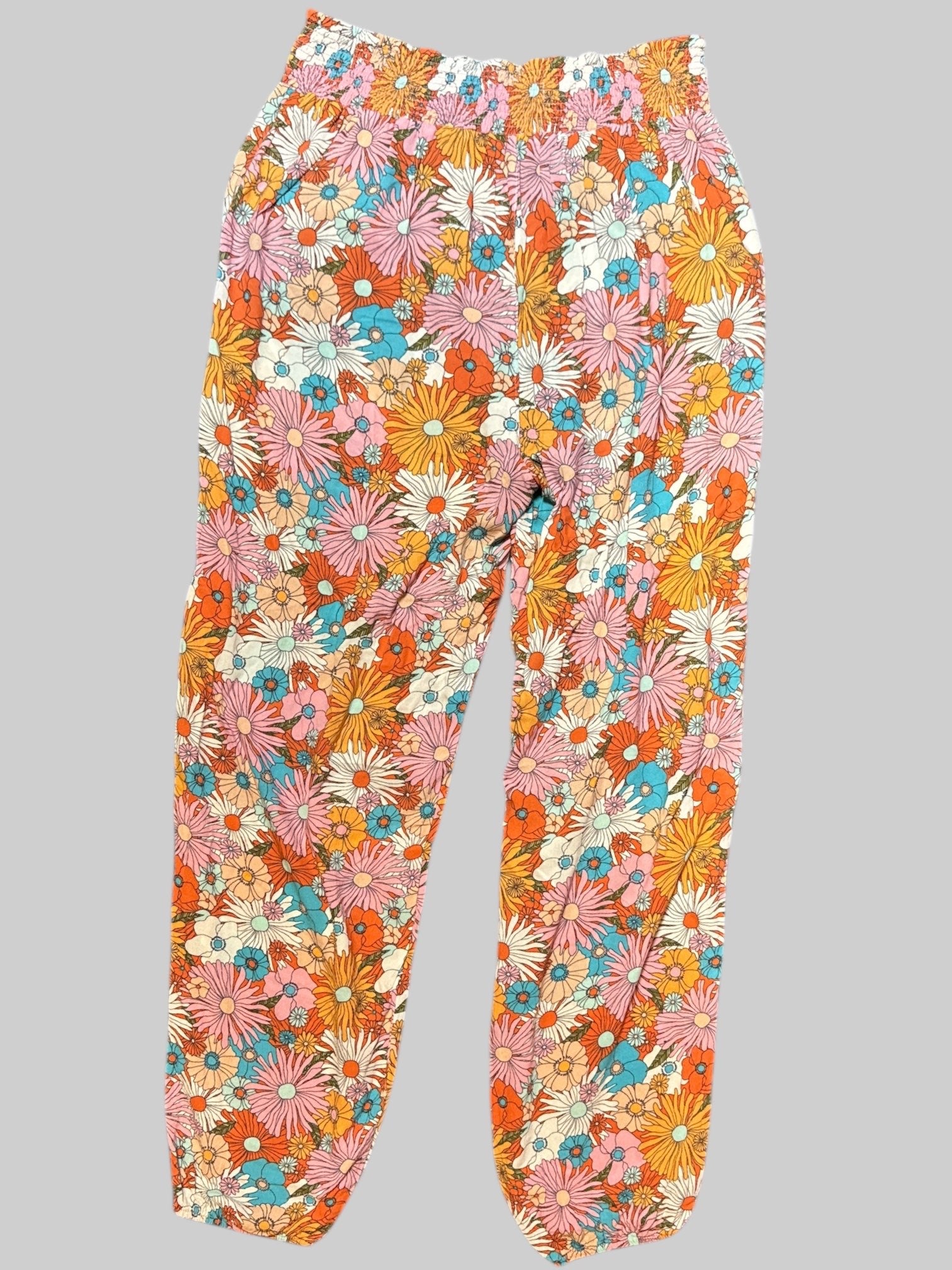XL pink jogger style pants with multicolor florals and an elastic waist band