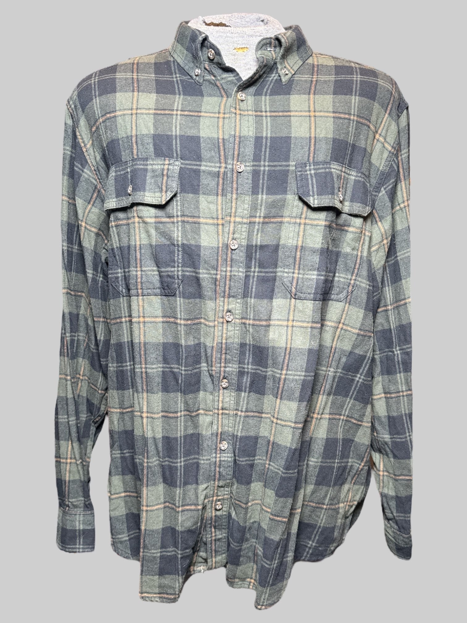2X green, black, and orange plaid button up flannel