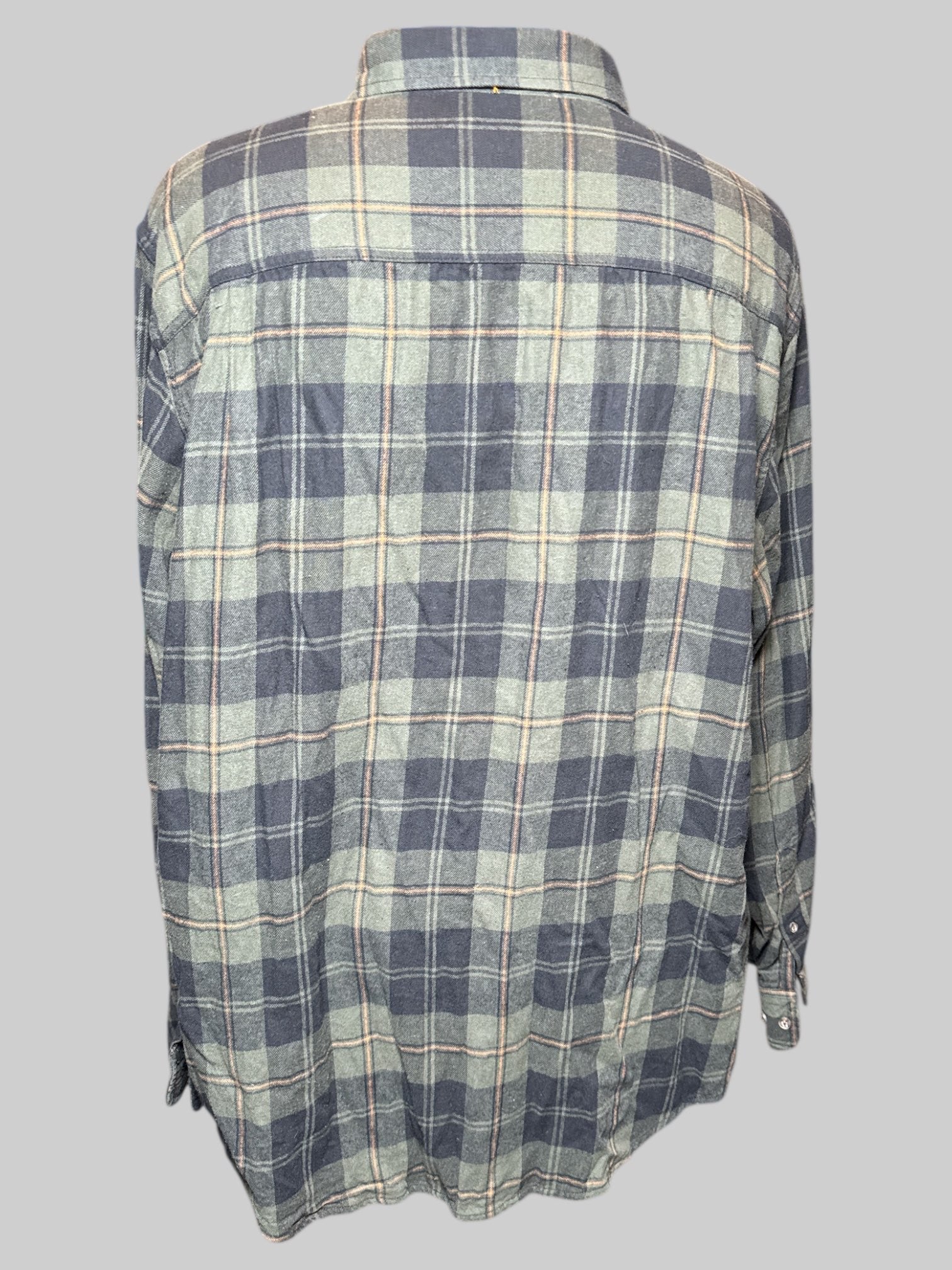2X green, black, and orange plaid button up flannel