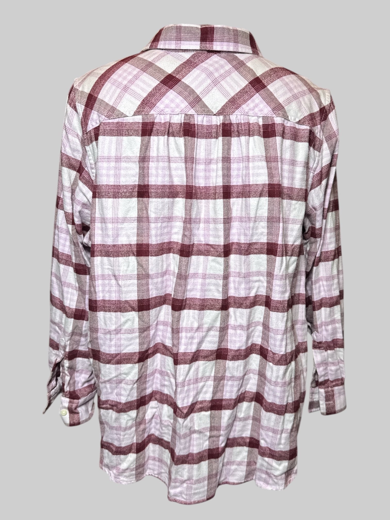 3X pink, white, and purple plaid button up flannel